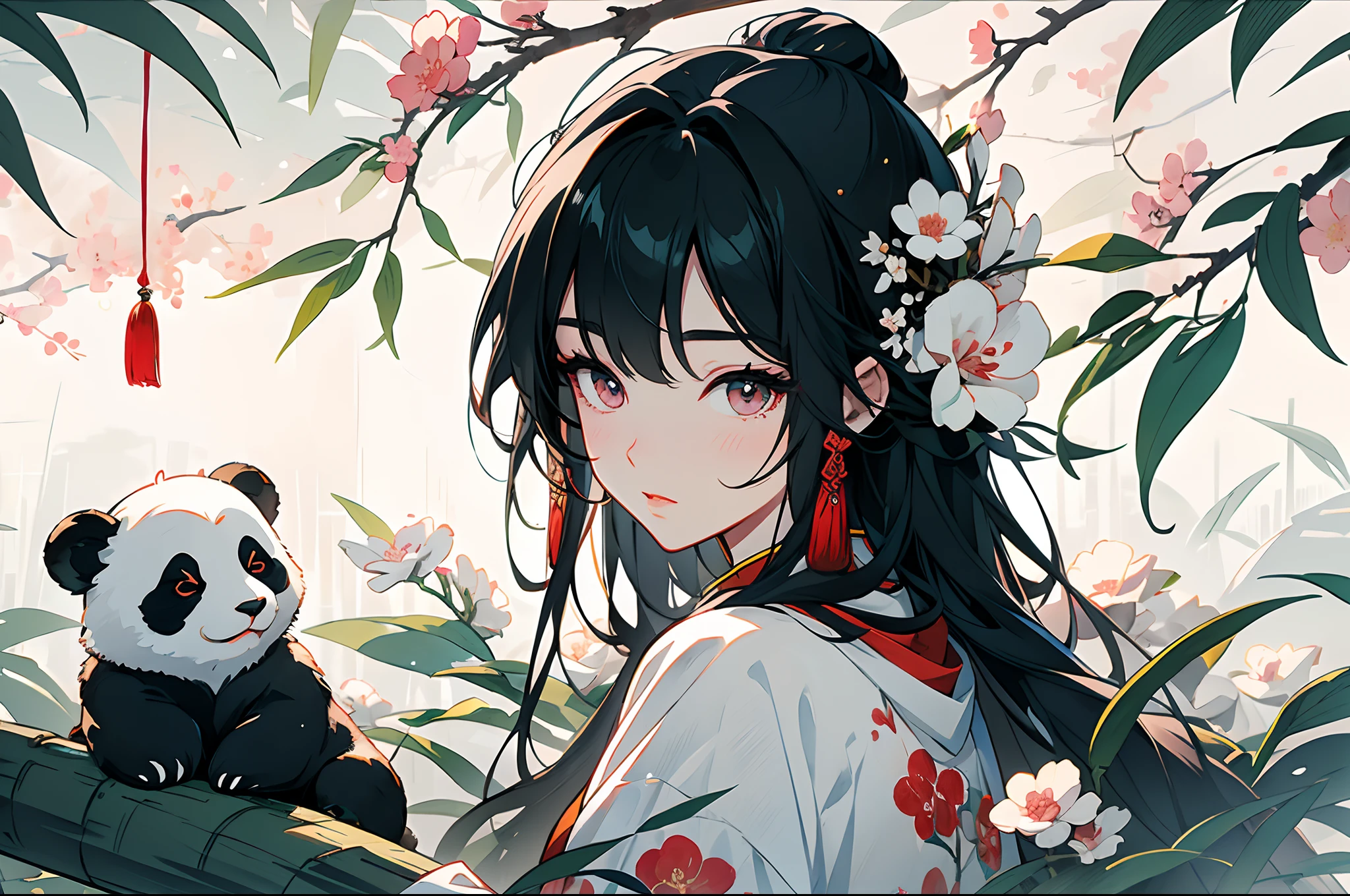 (Masterpiece:1.2), Best quality,Chinese ink painting,ink and watercolor painting,white backgrounid,Under bamboo leaves, (The panda sits on a branch),(bit girl:1.5,Above the shoulder),Pink and white clothes,facial closeups,big beatiful eyes,detailed face with,Flashy clothes,Ethereal panda,(Chinese Panda),Dreamy,Onmyoji detailed art,A beautiful artwork illustration,mythological creatures,pandas,Beautiful digital artwork