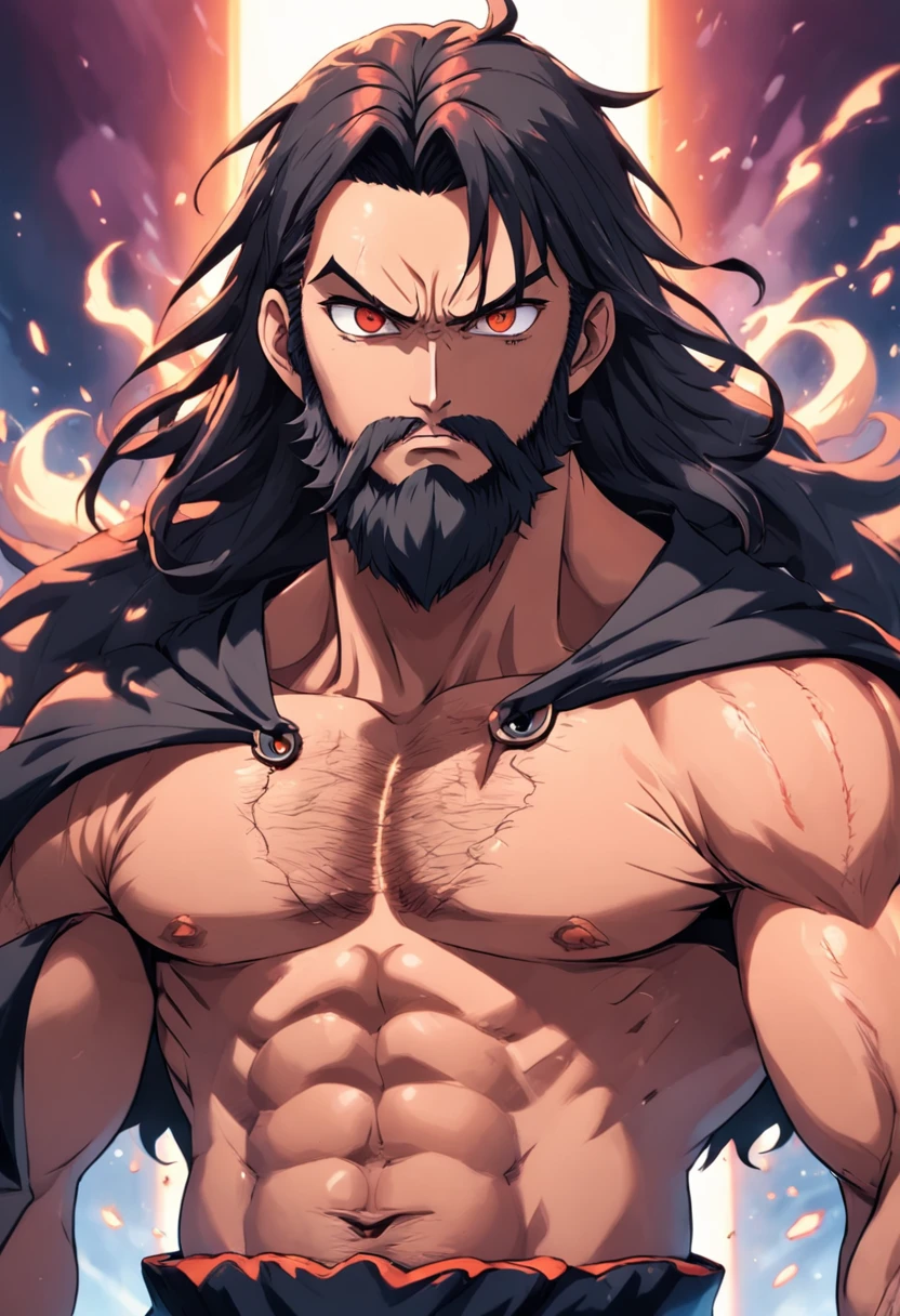 um homem meio gigante, cabelos curtos e ruivos, sua barba volumosa e de cor ruiva, de pele branca, eyes that give terrification to the look and black color, vestindo uma roupa preta , capa estilo roupa de boxe, duas luvas vermelhas em seus punhos, obra-prima, melhor qualidade, 2D, arte anime One Piece, anime 4k, contorno perfeito.