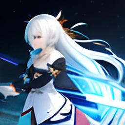 One with white hair，Woman with sword in hand, From the night of the ark, White-haired god, shadowverse style, arknight, Genshin Impact, Ayaka Genshin impact, Genshin, lineage 2 revolution style, Keqing from Genshin Impact, Genshin impact's character, Avatar image, 《azur lane》role, white cyan，Dragon's horn