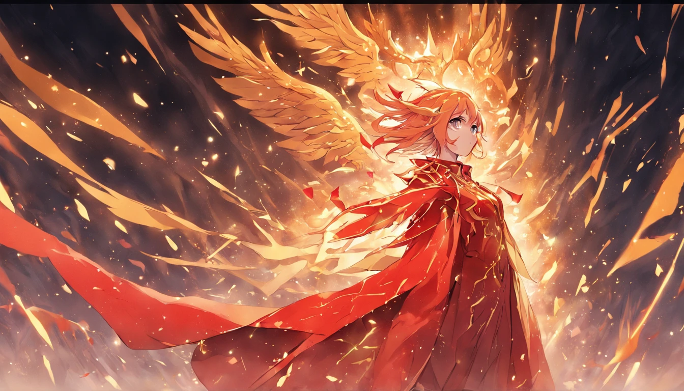 A woman in a red coat and a gold dress,Phoenix crown,Whole body diagram,Far perspective