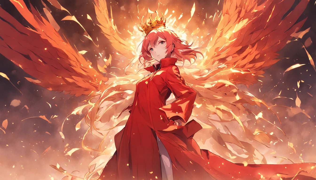 A woman in a red coat and a gold dress，Phoenix crown,Whole body diagram,Far perspective