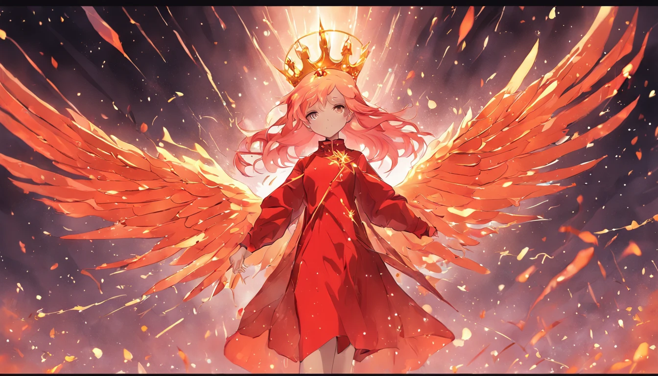 A woman in a red coat and a gold dress,Phoenix crown,Whole body diagram,Far perspective