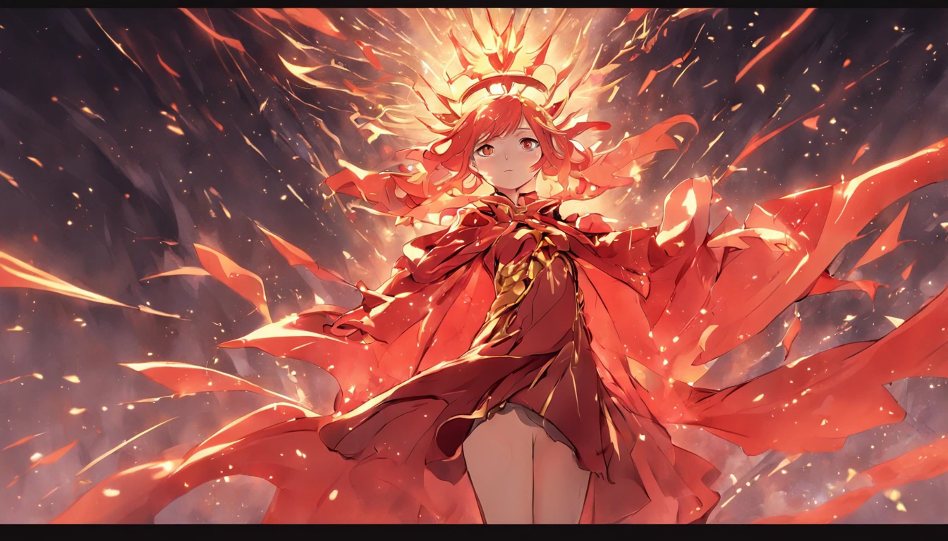 A woman in a red coat and a gold dress,Phoenix crown,Whole body diagram,Far perspective