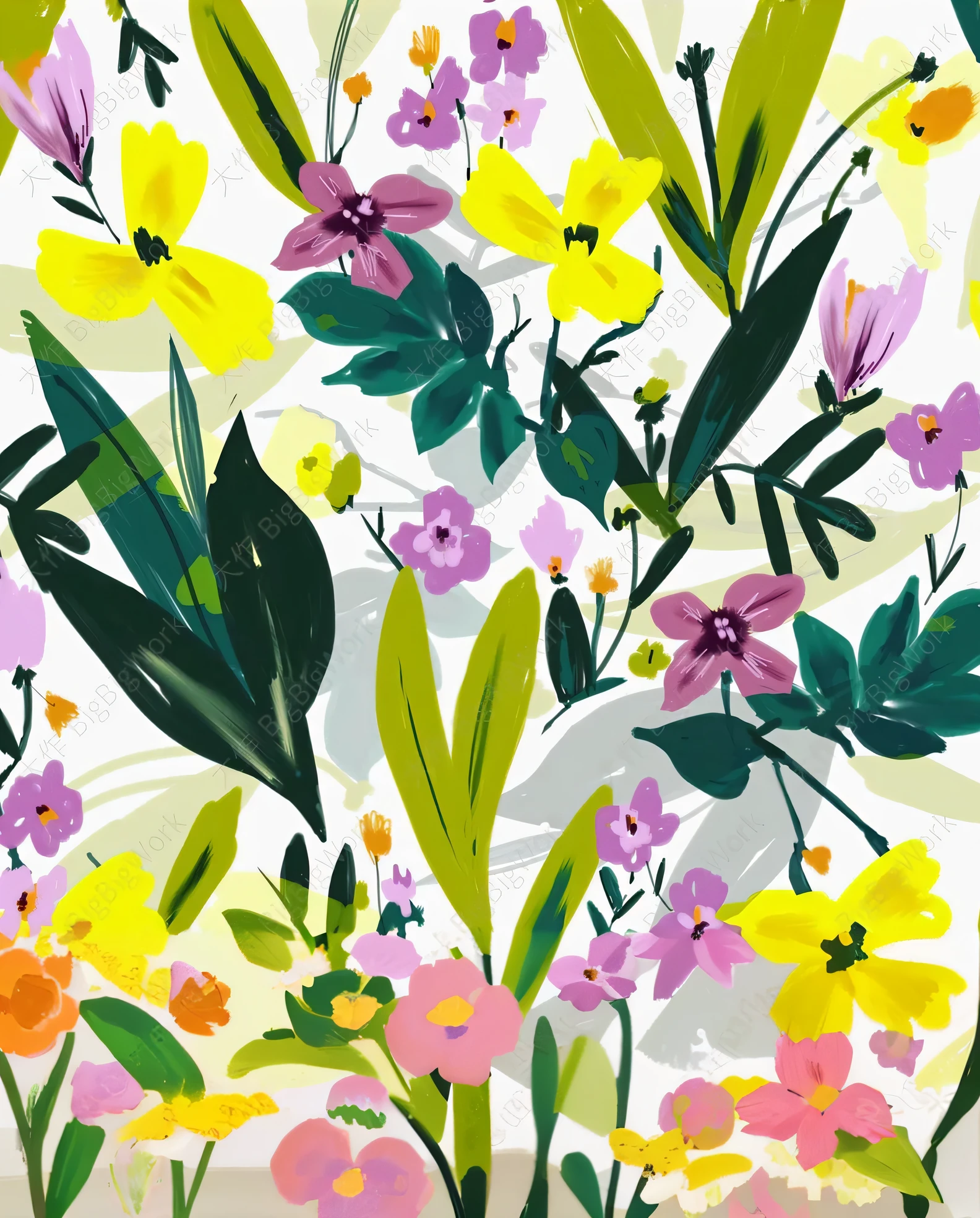 Seamless floral pattern with yellow and pink flowers, floral patterns, lush garden leaves and flowers, floral motives, Garden floral pattern, summer color pattern, floral environment, blooming tropical flowers, tropical flowers, floral flowers colorful, floral explosion, floral design, florest background, Colorful illustration, Neon floral pattern, Acrylic paint style, tropical plants and flowers