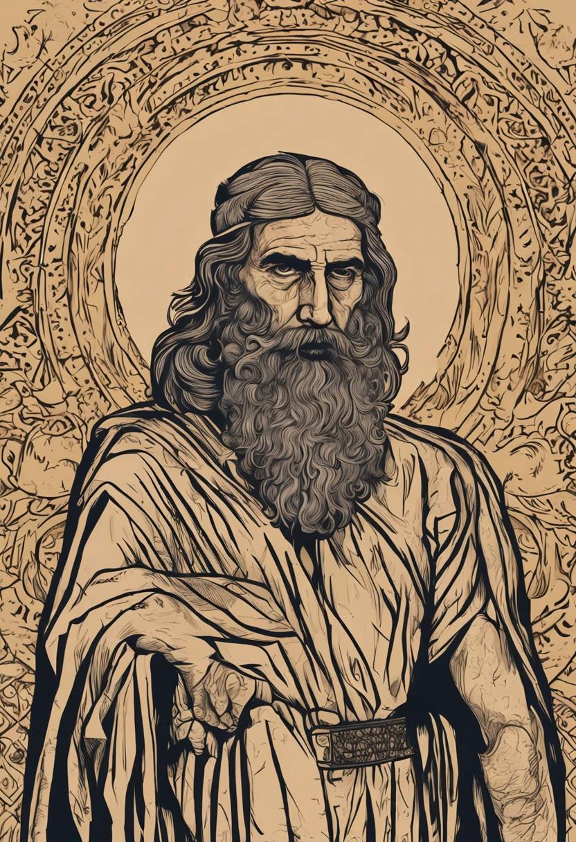 "Portrait of a wise and imposing man, de 40 anos, magro, barbudo e com cabelos grisalhos, with a serious expression and an air of experience. highes definition. Inspiration of ancient Greek man."
