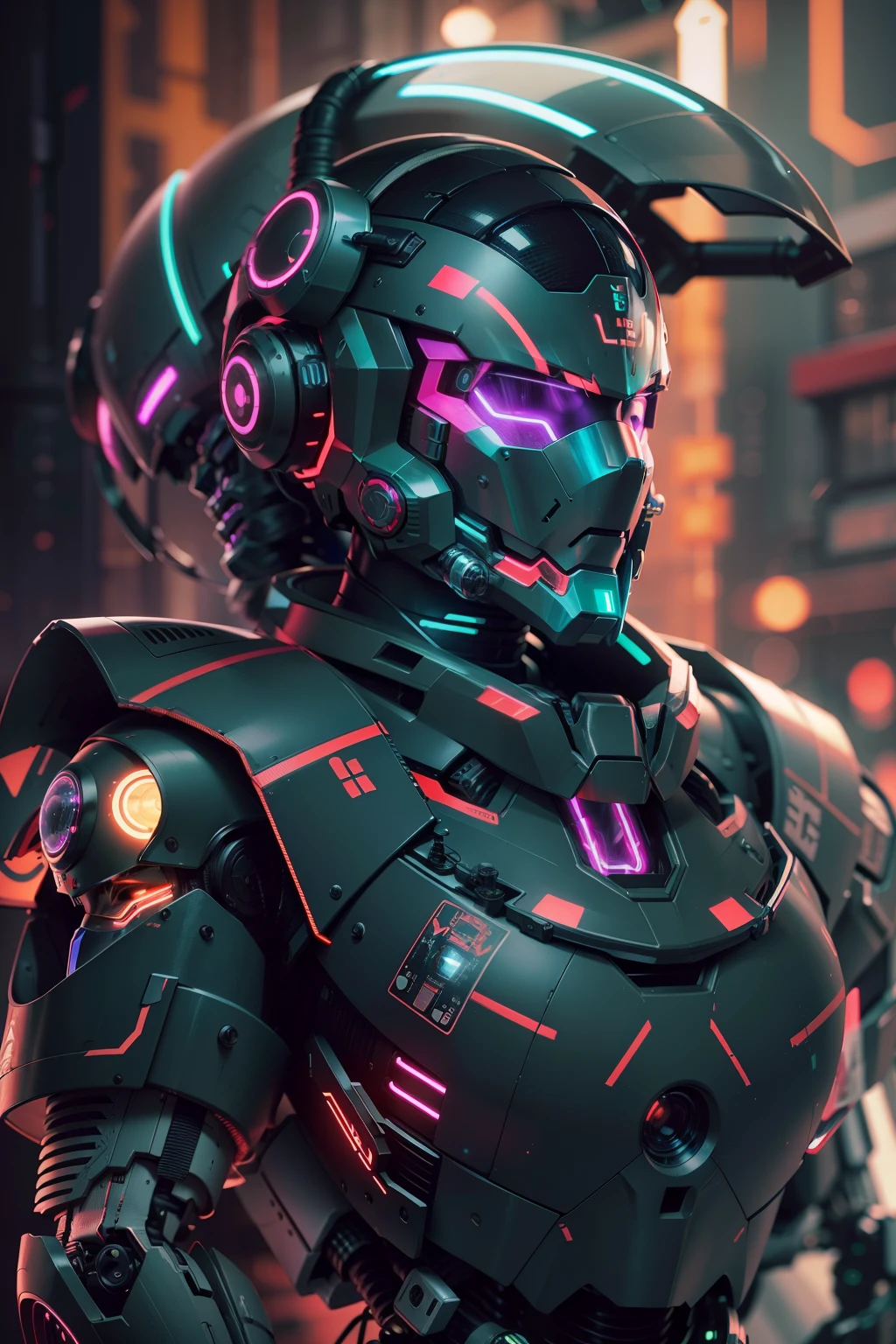 a closeup of a mshn robot, futobot, cyborg, using cyberhelmet shiny circle, battle armor, mshn factory, tubes connected to neck, photorealistic neon light, masterpiece, best quality, 35mm film, film grains, cyberpunk, EbonyGoldAI