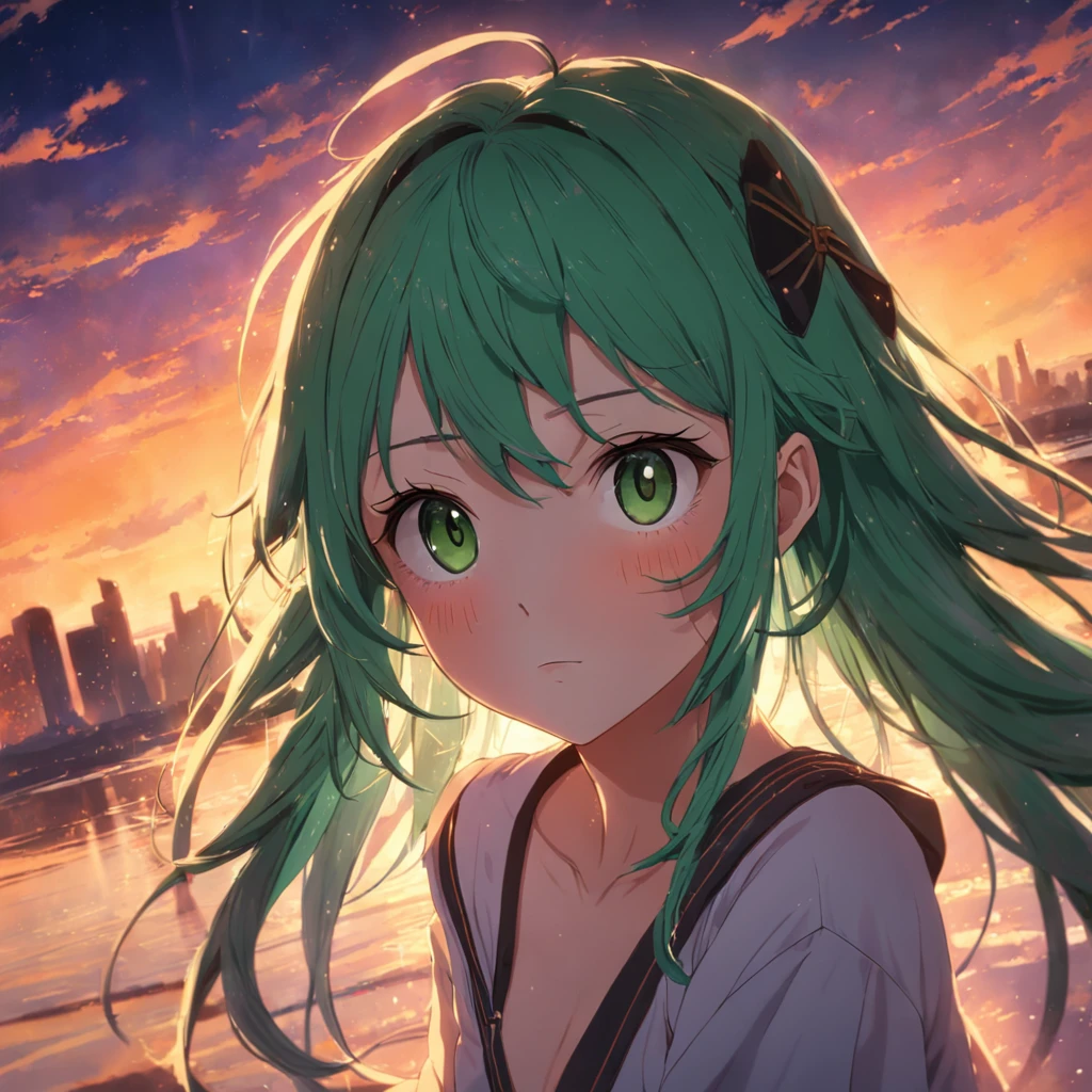 tmasterpiece,best qualtiy,cinematic Film still from,1girl,Solon,Green hair,closeup cleavage,brightly,cheerfulness,Warm and soft lighting,the sunset,spark of light:0.7。