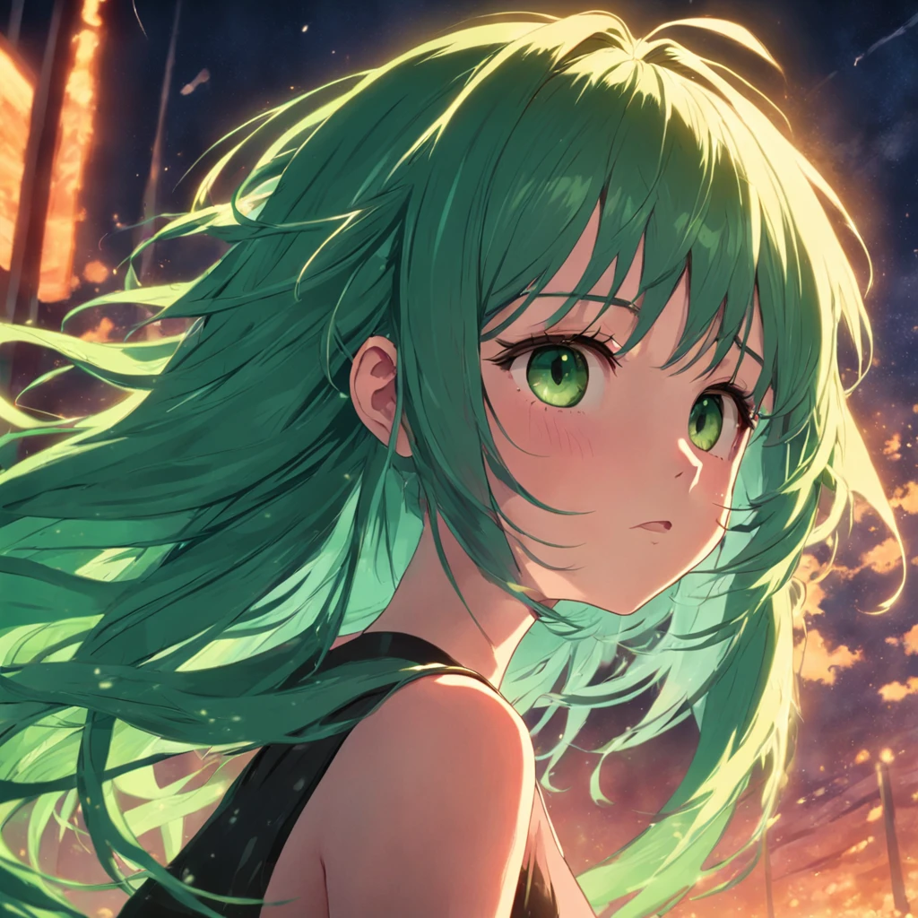 tmasterpiece,best qualtiy,cinematic Film still from,1girl,Solon,Green hair,closeup cleavage,brightly,cheerfulness,Warm and soft lighting,the sunset,spark of light:0.7。