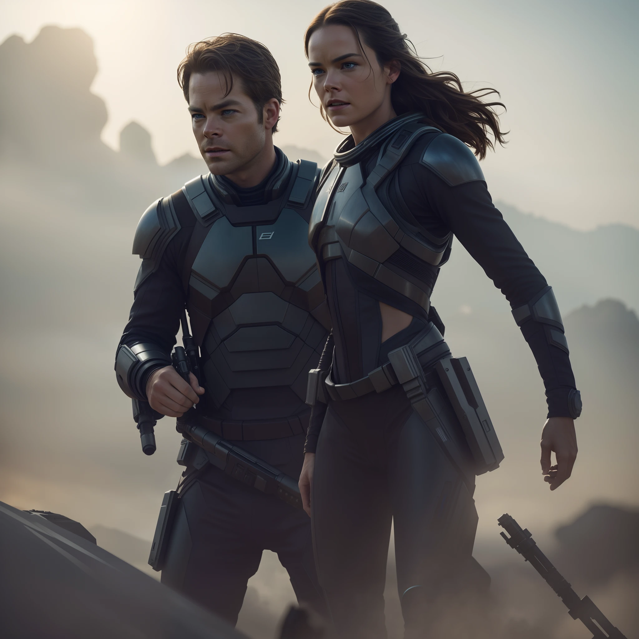a close up action shot of epic Sci fi Chris Pine and Hot Daisy Ridley adventure , Detailed clothing details, Liquid effect, space, Interstellar battlefield photography, natural light, photorealism, cinematic rendering, ray tracing, the highest quality, the highest detail, Cinematic, Third-Person View, Blur Effect, Long Exposure, 8K, Ultra-HD, Natural Lighting, Moody Lighting, Cinematic Lighting