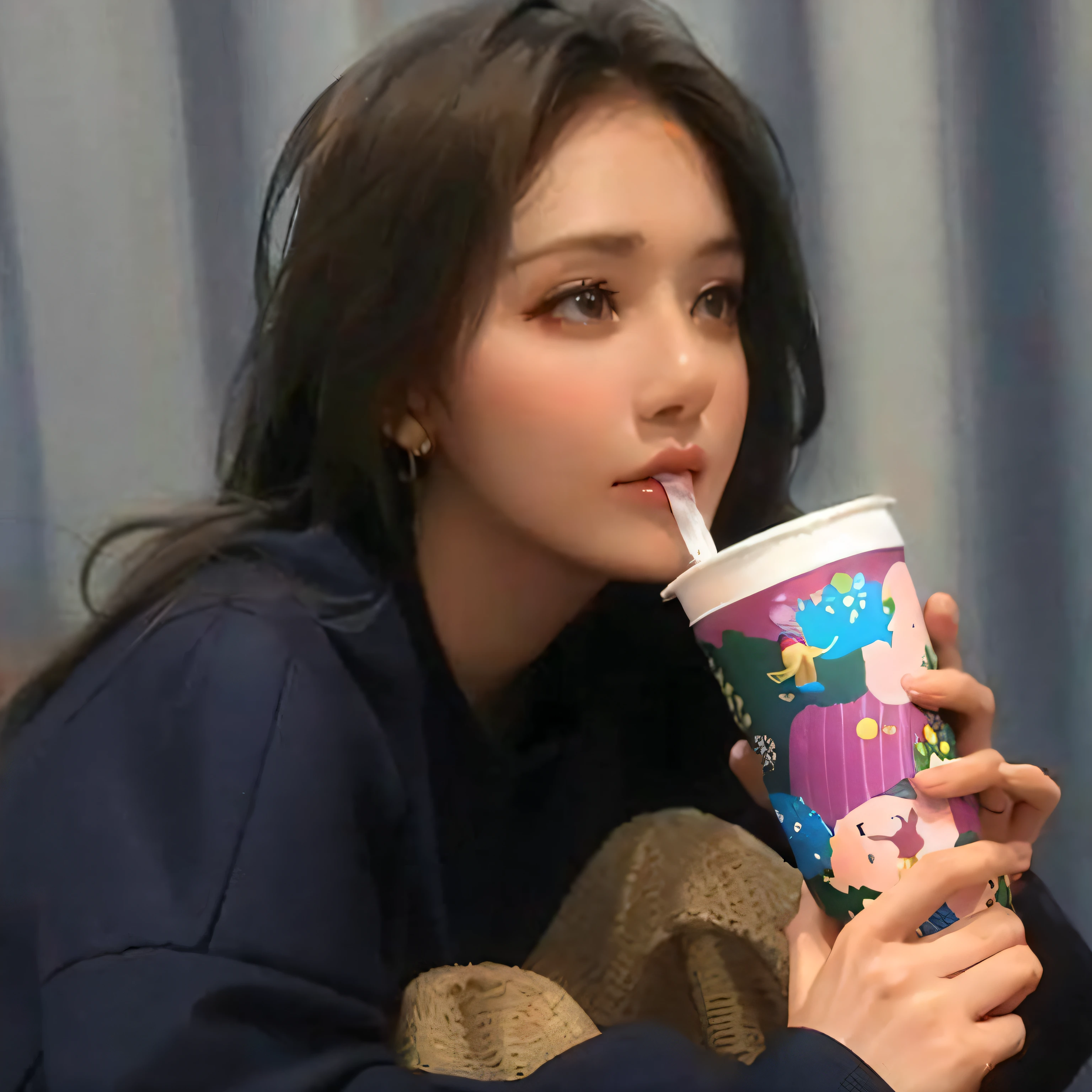 There was a woman sitting on the floor drinking a cup of coffee, dilraba dilmurat, 19-year-old girl, with very thin lips, ruan jia beautiful!, Xianxia, She has a cute face, she has a cute expressive face, cindy avelino, with cute - fine - face, full-body xianxia