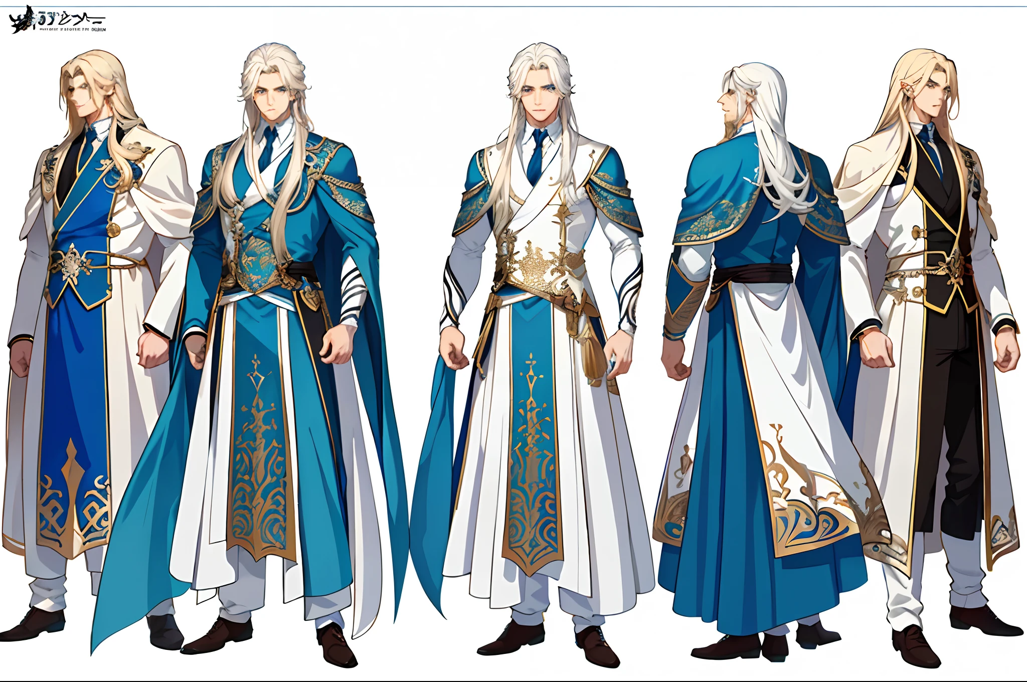 ((masterpiece)),(((best quality))),((character design sheet,same character,front,side,back)),illustration,1 male,long white hair, perfect eyes,beautiful eyes,environment Scene change, abs, ice fantasy outfit, pose too, male long white hair, 1boy, single, asian boy, hansome face, 1.85 tall, shaved, gods greek outfit, muscle body, athletic body. (Blue perfect eyes), (long hair), (long bangs), (blonde hair), (pale skin), background simple (simple background, white background: 1.3)