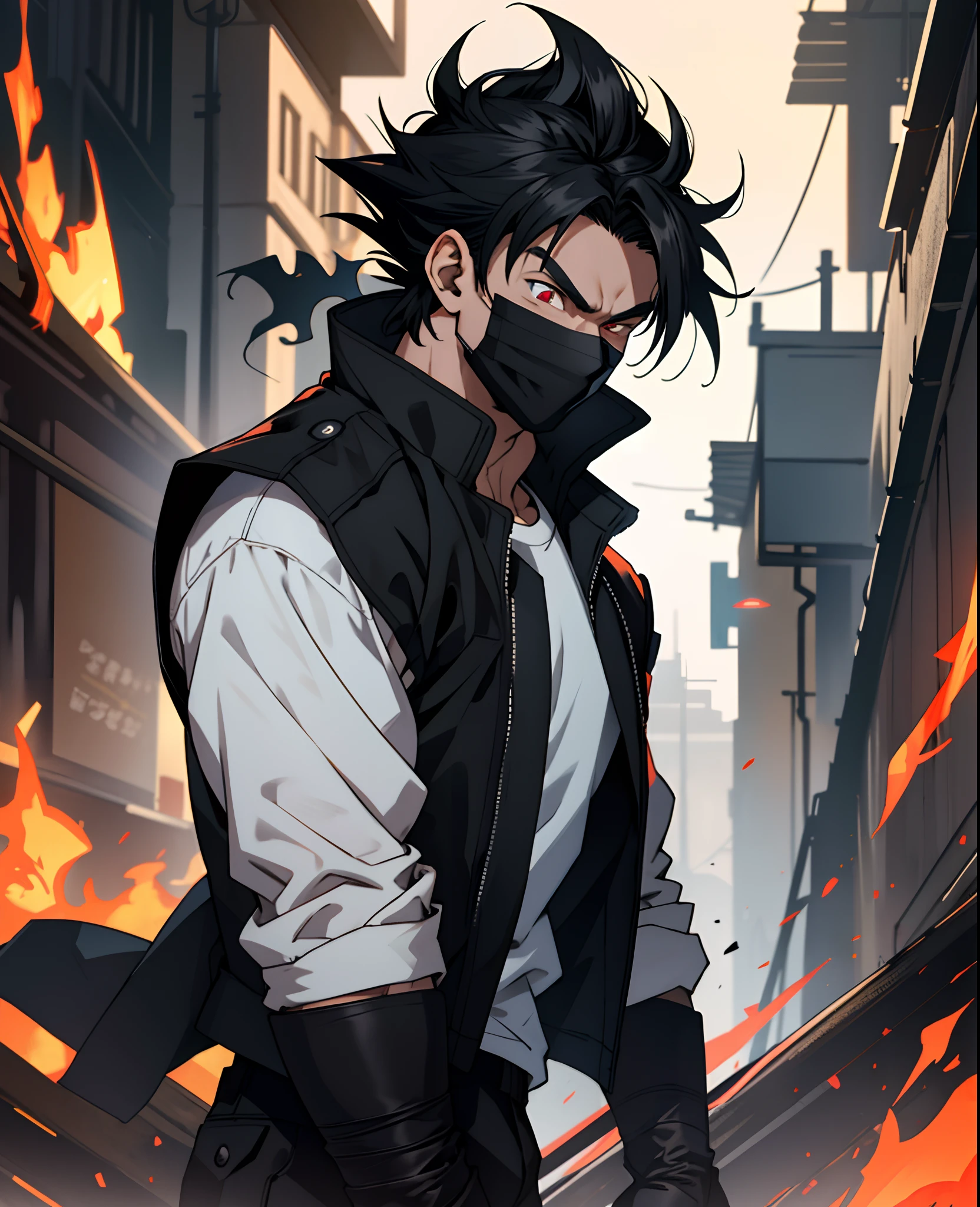 "(((masterpiece)))), best quality, ultra-detailed model, 8k CG unity photo, flawless lighting, quality shadows, a Dragon Ball boy, pushed back haircut , muscle , wearing a black jacket over a white t-shirt , black ClothMask , red eyes , in the night background , black gloves , black mask in his mouth , BLACK JACKET , over the jacket a WHITE SHIRT , BLACK HAIR