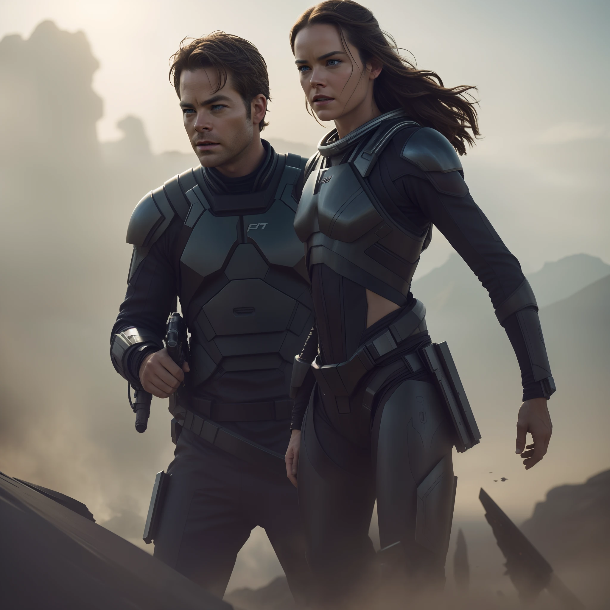 a close up action shot of epic Sci fi Chris Pine and Hot Daisy Ridley adventure , Detailed clothing details, Liquid effect, space, Interstellar battlefield photography, natural light, photorealism, cinematic rendering, ray tracing, the highest quality, the highest detail, Cinematic, Third-Person View, Blur Effect, Long Exposure, 8K, Ultra-HD, Natural Lighting, Moody Lighting, Cinematic Lighting