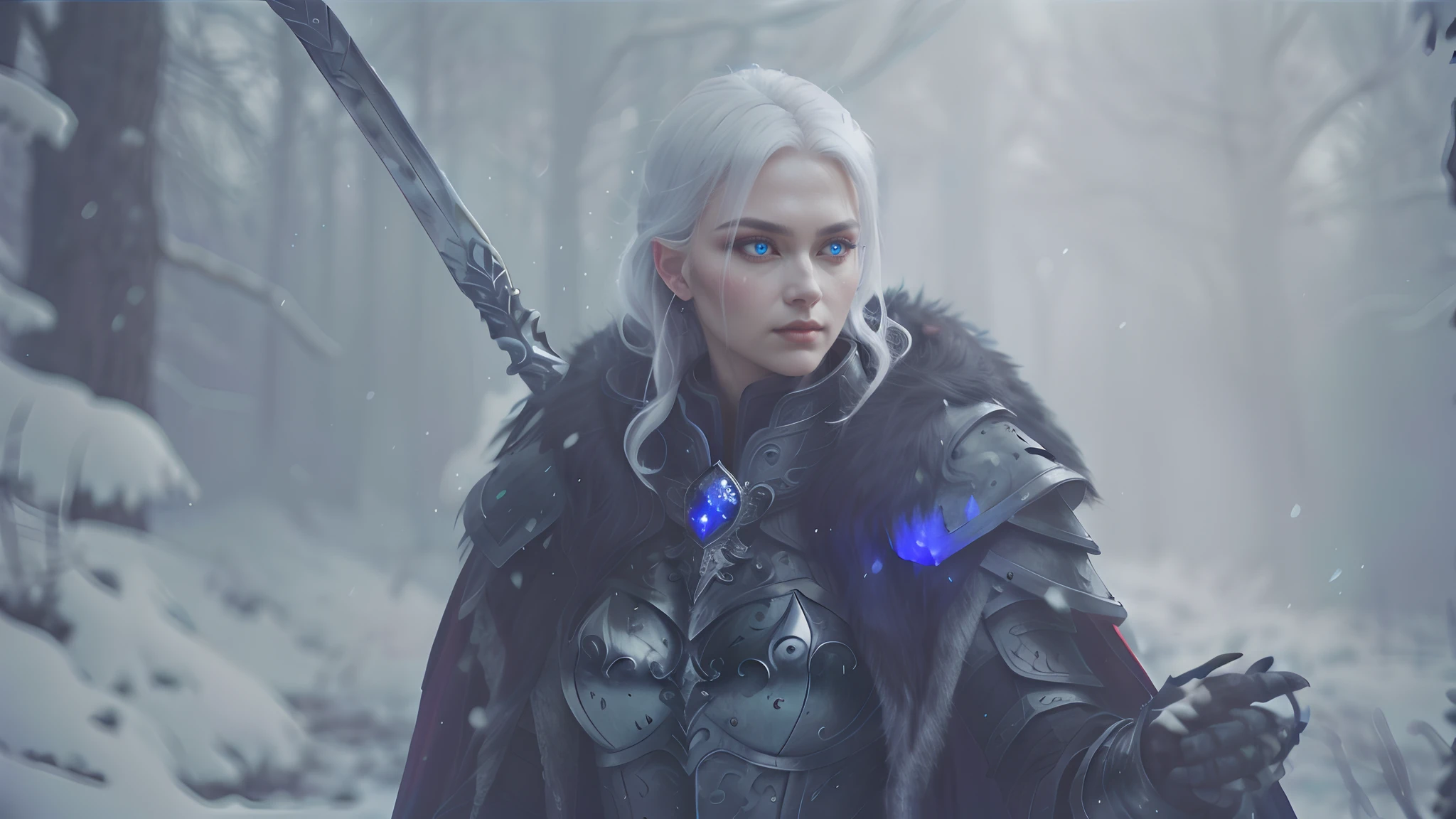 at a forest，There is a man in black，Woman with a staff on her back。, pale black armor, Black shabby cape，black fur armor, wearing intricate fur armor, The armor details are exquisite，The armor is set with this sapphire，Winter queen, freezing blue skin, beautiful ancient frost witch, queen of ice and storm, Female character, elegant cinematic pose, Wearing black armor, Perfect hands，There are five fingers，Dark blue eyes，glowing light eyes，Delicate hair