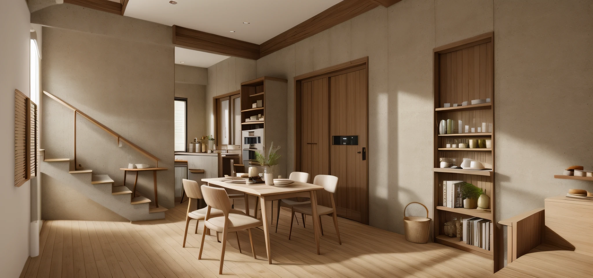 (JAPAN Kitchen:1.2), (actual photo:1.2), (dinner details:1.2), pub chair (black:white), daylight, Unreal Engineer 8K, full HD 8K, theater lighting movie projection, warm lighting, painted kitchen with dining table and chairs, minimalist and beautiful kitchen, deep colors with minimalism, cream and white color scheme, simple, clean lines, minimalism modern neo-traditional, brown and white color scheme, modern and minimalist, modern neutral earth colors, elegant and sophisticated, scandinavian design, deep colors. Minimalist color palette. WOODEN FLOOR, JAPANESE STYLE