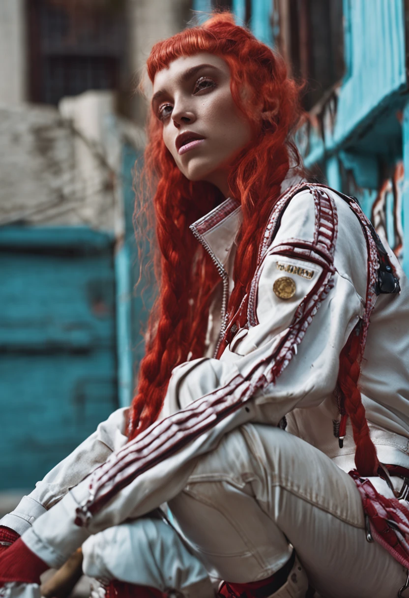 Female white model with long red hair braid in punk y2k clothes