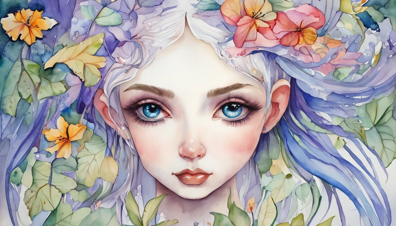 high detail, Surrealism, Minimalism purple pupils,blue hairs,Beautiful computer wallpaper in white t-shirt