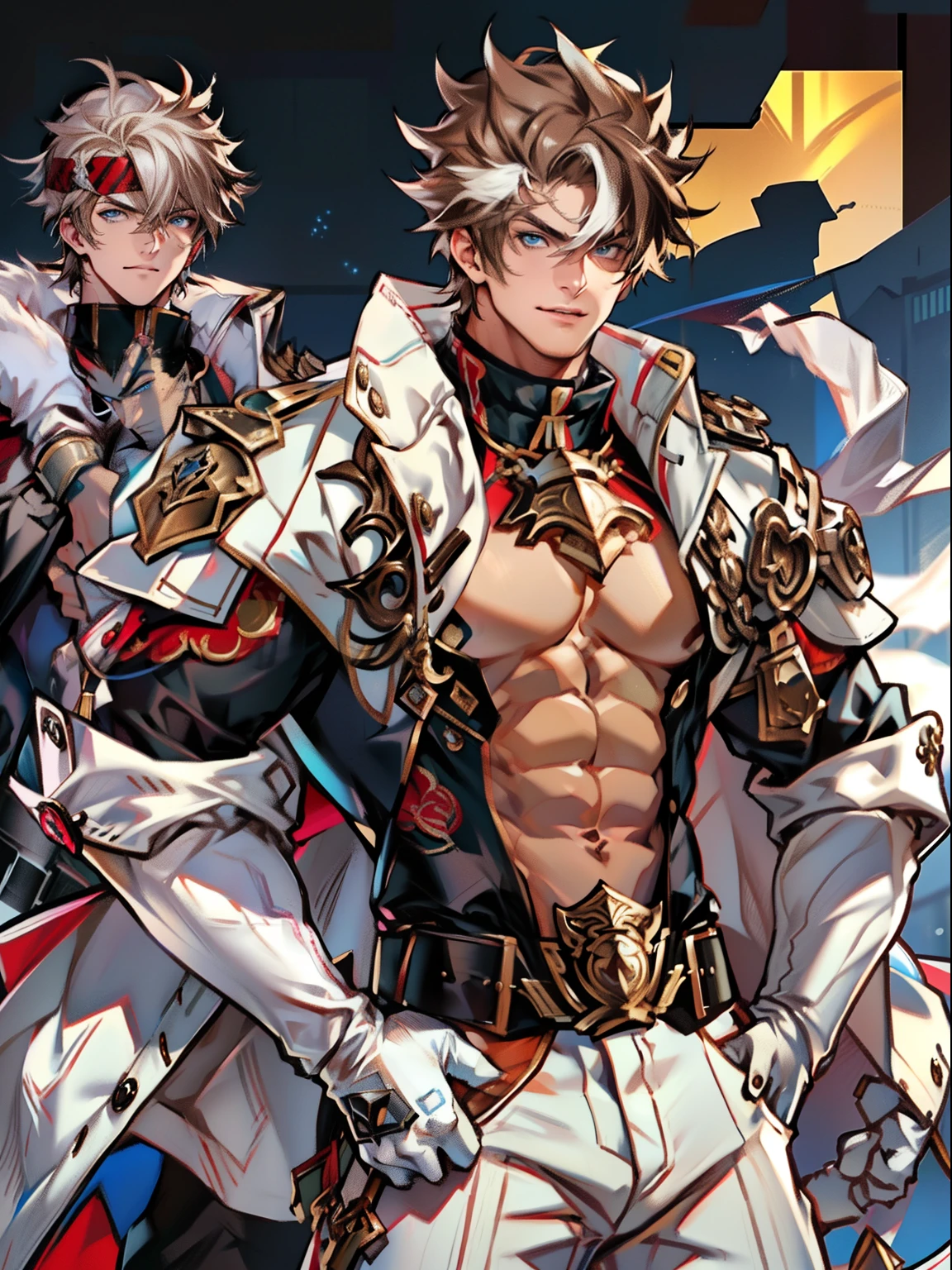 tmasterpiece，Best quality at best，（Genshin Impact），mitts，Bulging muscles，(white business suit，White underwear，tiese）Bulging of the pectoral muscles，White gloves，Abs，malefocus，1boy，White gloves，独奏，Brown hair，Blue eyes，blue capelet，hair between eye，（（Bulging crotch）），Sexy,(Masterpiece, Best quality),（white business suit），self-assured，having fun，big laughter，white pantie, stand-up collared shirt, tiese, waistcoat, Open thickened glossy white leather jacket, Eight-pack abs, White leather mobile phone gloves, White trousers, Leather belt, spreading long thin legs, The erection,