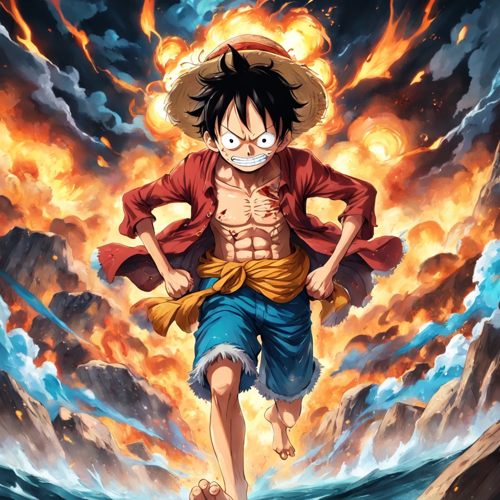 luffy，In a doomsday background，A fierce-eyed，damaged clothes。