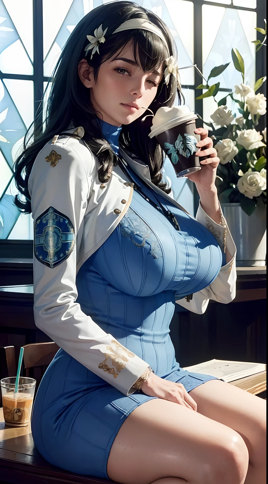 (((beautiful))),mary,blue sweater, white jacket, cropped jacket, long sleeves, open clothes, ribbed sweater, armband, huge breasts,(((shiny skin))), ((intricate details)), hdr, ((intricate details, hyperdetailed)), cinematic shot, sitting in cafe , drinking starbucks, vignette, ((art by alphonso mucha))