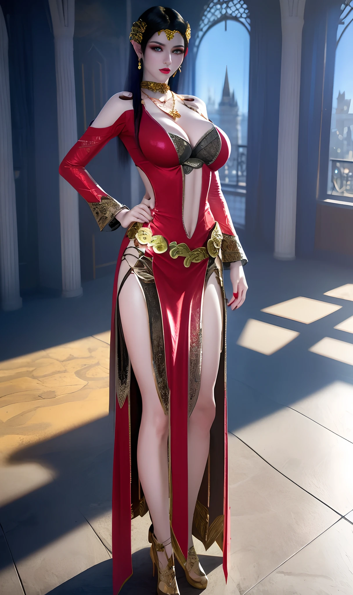 ultra realistic 8k cg, flawless, clean, masterpiece, cinematic lighting, cinematic bloom, perfect face, beautiful face, fantasy, dreamlike, ((unreal engine 5)), science fiction, lace trim, lace-trimmed legwear, luxury, jewelry, diamond, gold, pearl, gem, sapphire, ruby, emerald, intricate detail, delicate pattern, charming, alluring, seductive, erotic, enchanting, hair ornament, necklace, earrings, bracelet, armlet.
((best quality:1.5)), 1girl, solo, (muscle abs:1.2), (shiny skin:1.3), (huge fake breasts, round breasts:1.5), sfw wet red long dress, stocking, ((full body)), looking at viewer, (standing on castle room:1.2).