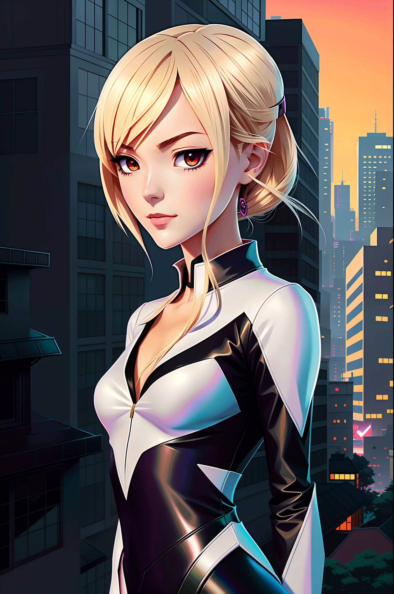 Anime girl in a black and white suit standing in a city, Gwen Stacy, aranha gwen, aranha - gwen, Gwen-aranha, fanart requintada altamente detalhada, Artgerm e Ilya Kuvshinov, arte de anime digital detalhada, Ilya Kuvshinov e Artgerm, Estilo Ilya Kuvshinov, arte digital estilo anime
