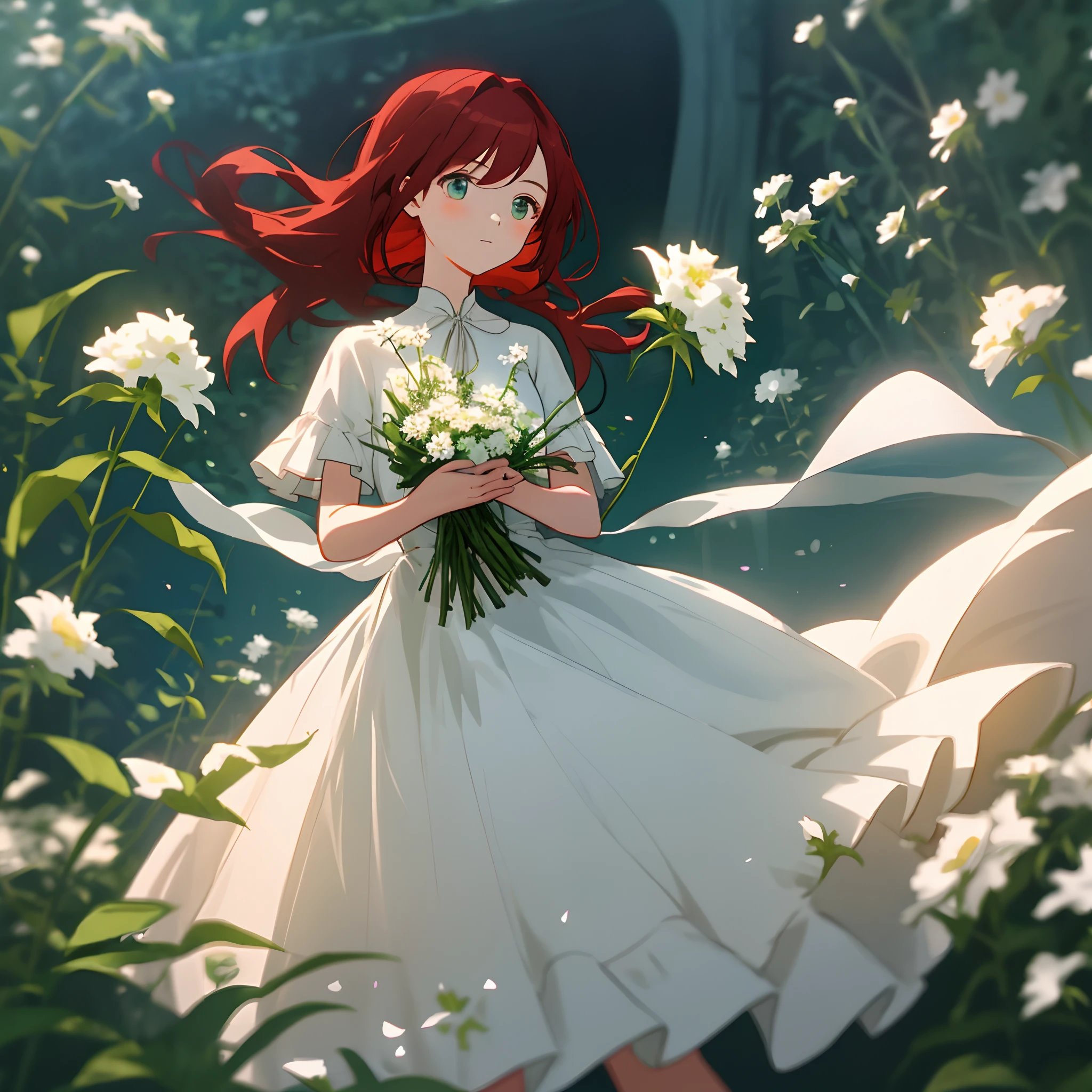 Red-haired girl White dress Holding flowers in the garden Movie light and shadow Hyper-detail Aesthetic Two-dimensional style Gentle eyes