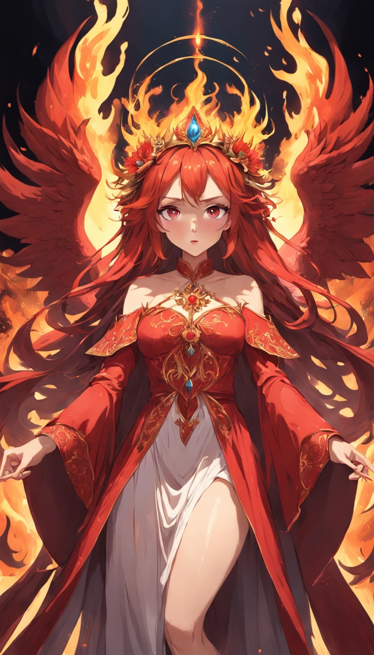 Closeup of a woman with fire and flames on her body, with fiery golden wings of flame, with fiery golden wings, epic fantasy art style, epic fantasy digital art style, feminine lady of change, full portrait of elementalist, Exquisite and epic character art.