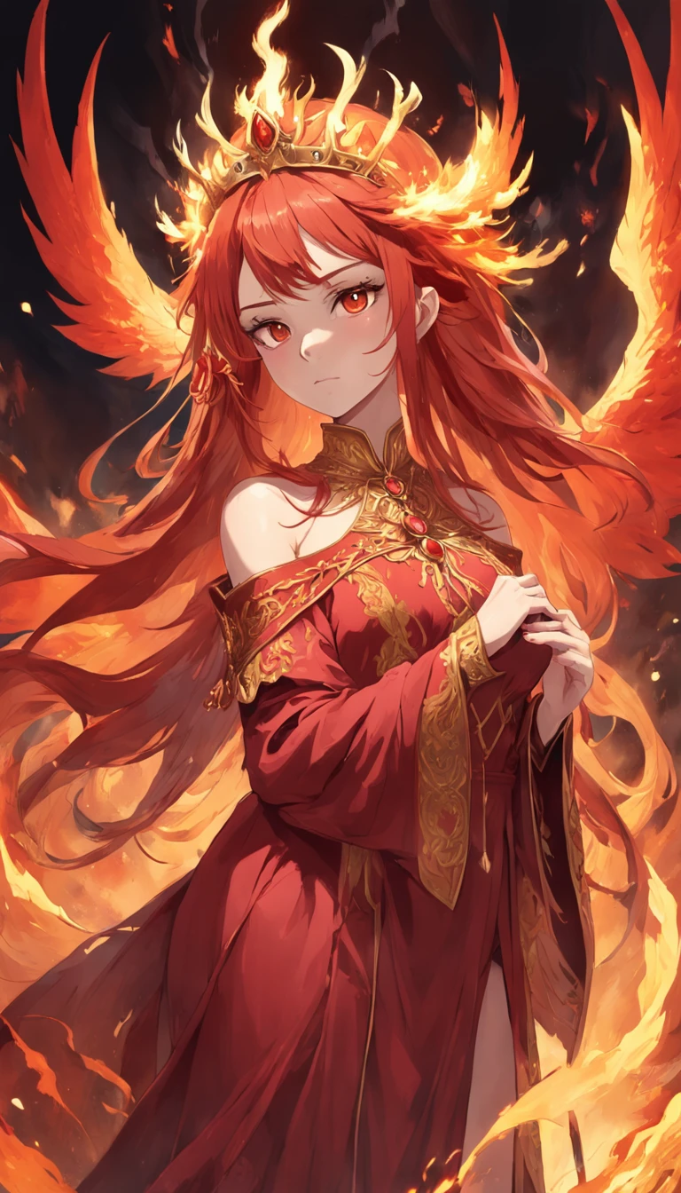 Wearing a crown, Woman in red dress, the fire goddess, medieval, Phoenix wings, the fire queen, female lord of change, baroque hibiscus queen, goddess of anger, a queen, pagan goddess, 火焰, Woman in a cloak, sideface, Tilt your head slightly, With his eyes closed, Aloft
