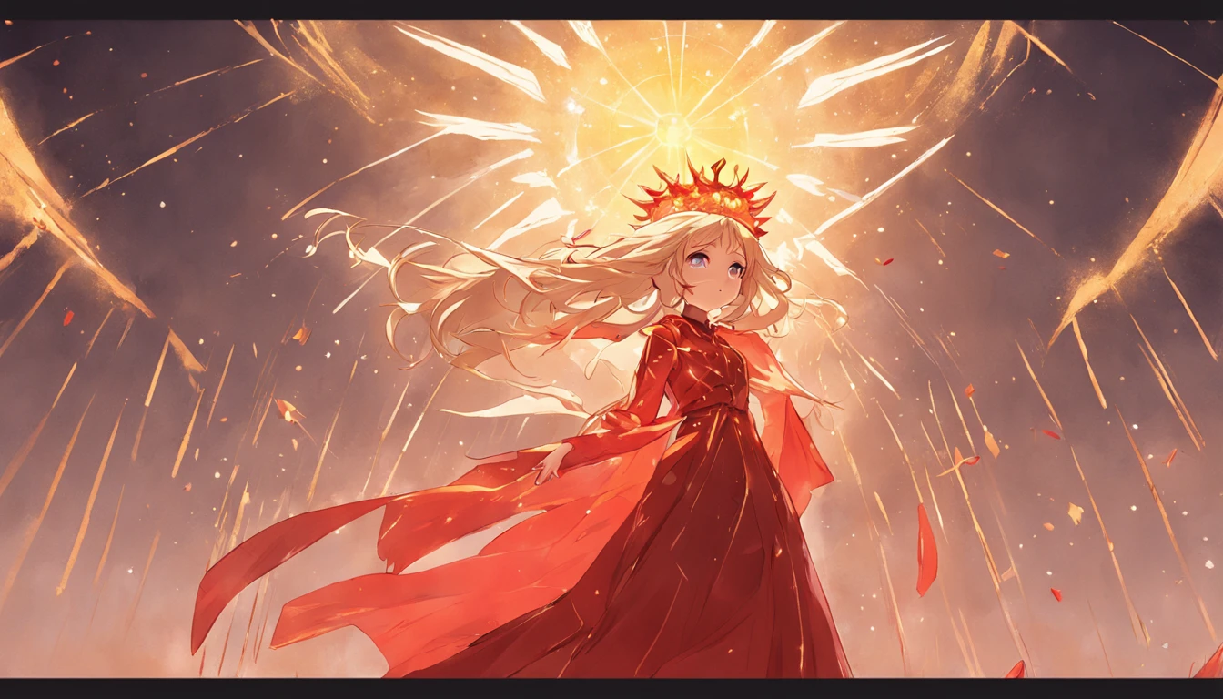 A woman in a red blouse and a gold dress,Phoenix crown,Whole body diagram,Far perspective,Pale tones,and the sun was shining brightly,Blue skies