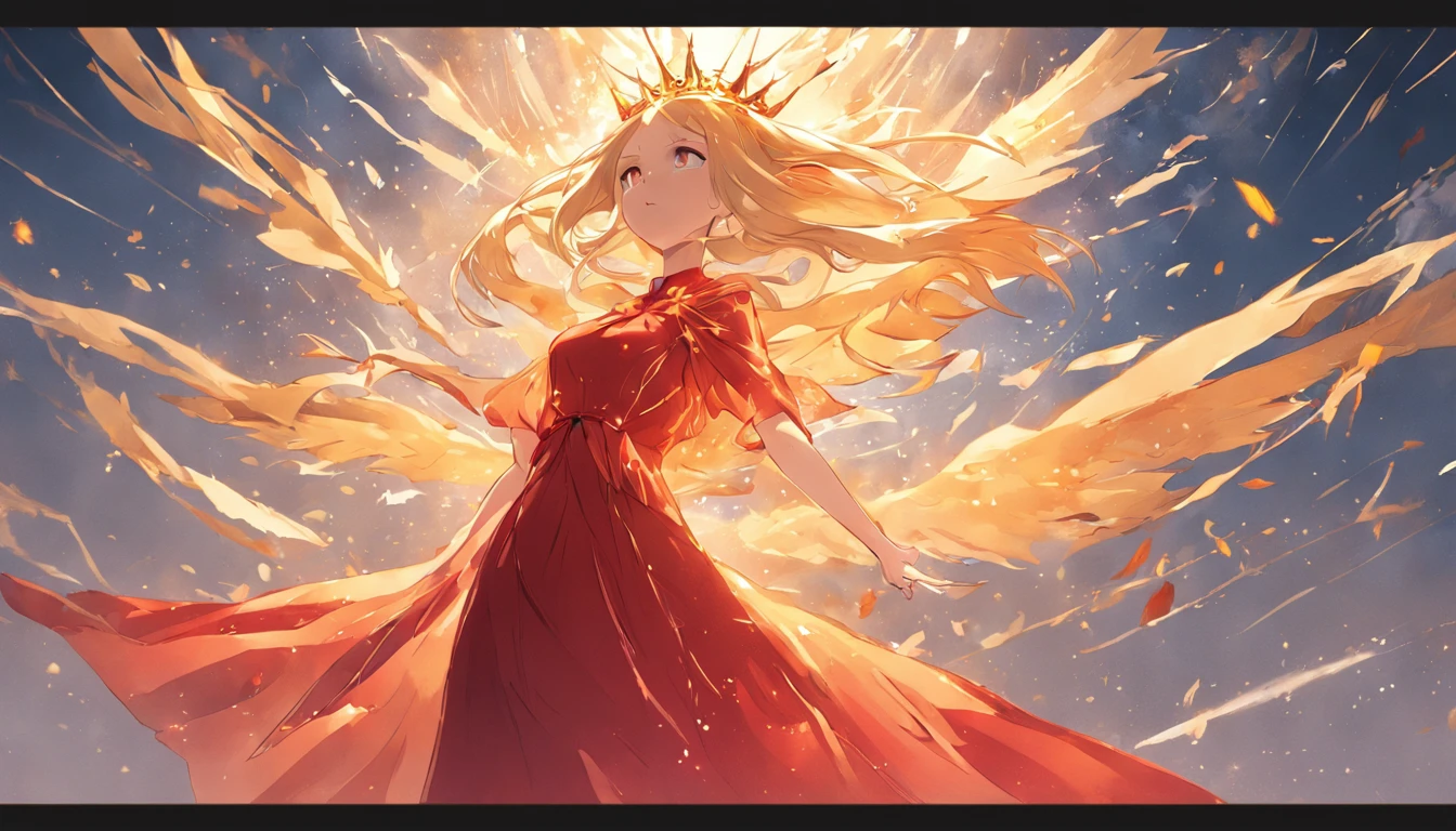 A woman in a red blouse and a gold dress,Phoenix crown,Whole body diagram,Far perspective,Pale tones,and the sun was shining brightly,Blue skies