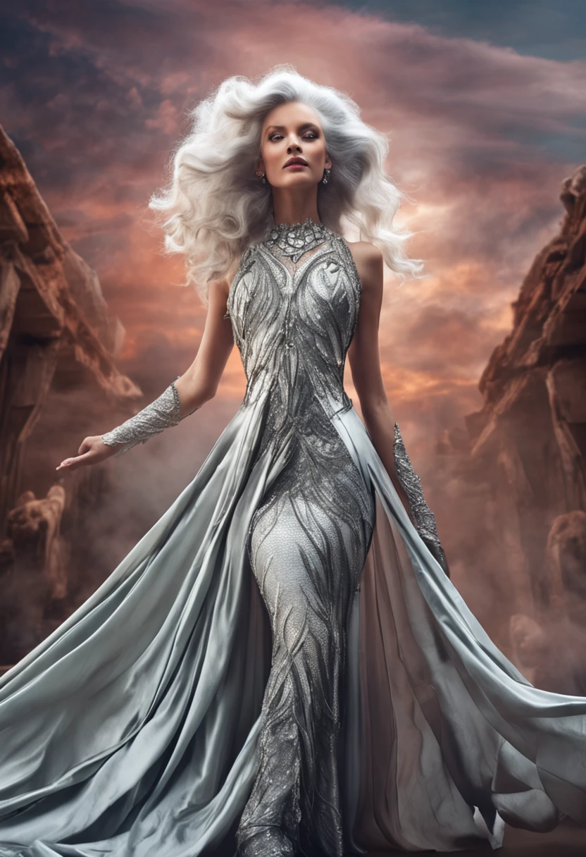 "A majestic, ethereal goddess with voluminous silver hair, adorned in a flowing silver dress, gracefully soaring above a mesmerized crowd, showcasing her modeling prowess on a grand runway."