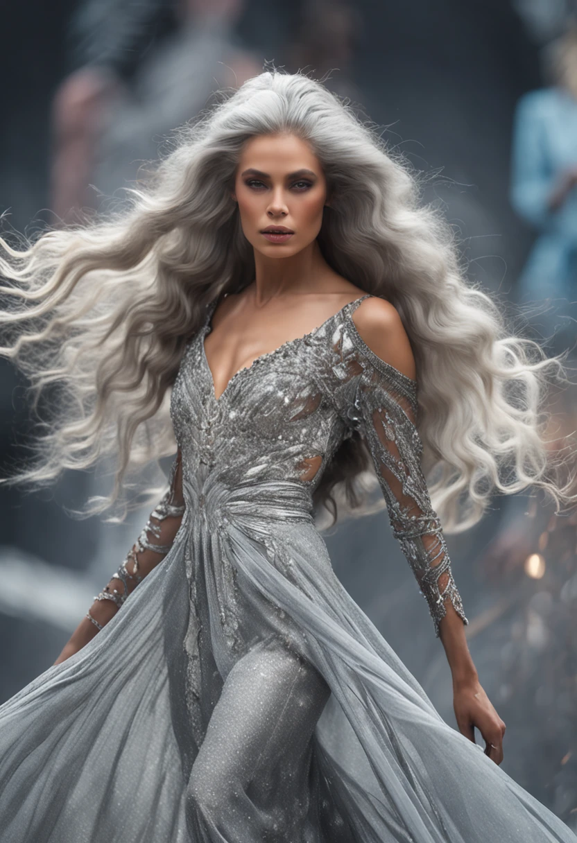 "A majestic, ethereal goddess with voluminous silver hair, adorned in a flowing silver dress, gracefully soaring above a mesmerized crowd, showcasing her modeling prowess on a grand runway."