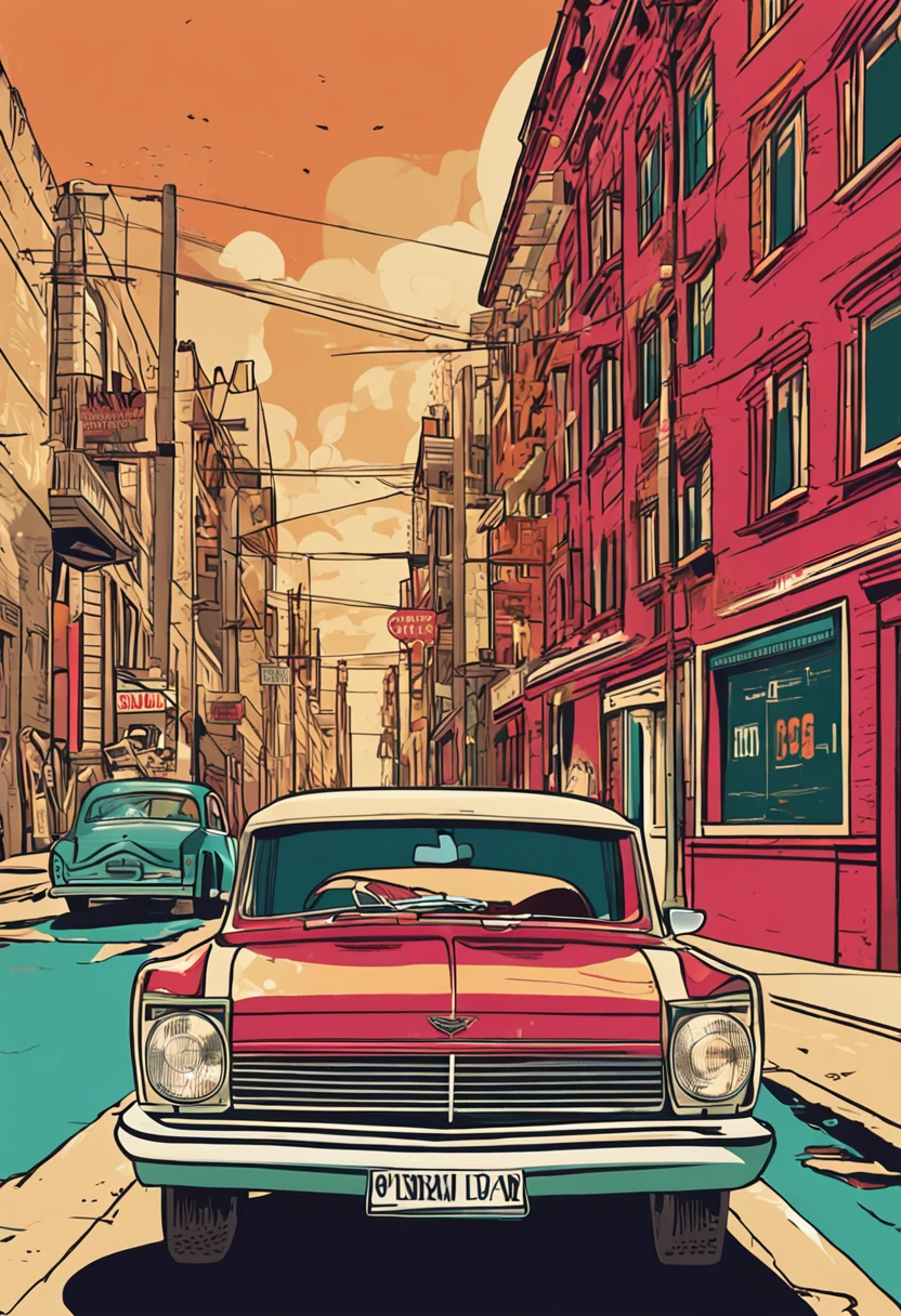 Illustration of an old USSR car featured in a vintage Rolling Stones magazine poster.