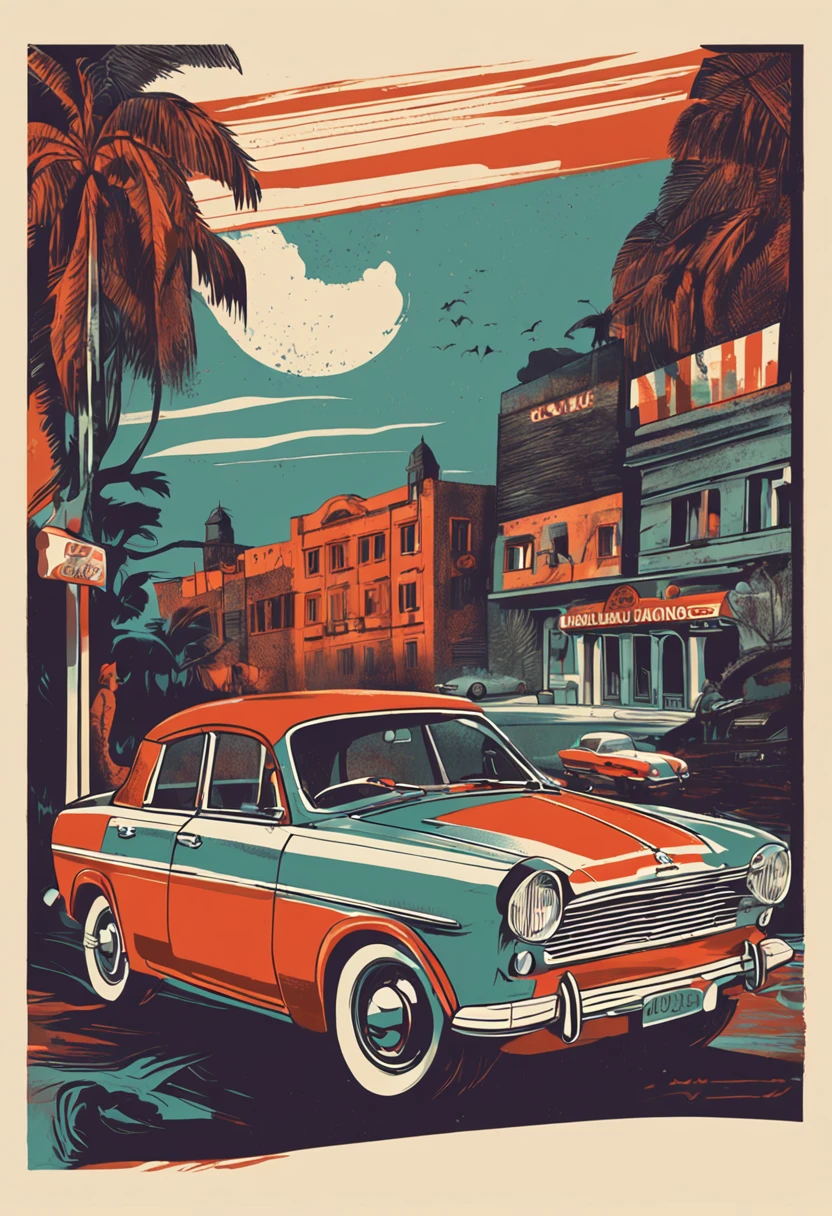 Illustration of an old USSR car featured in a vintage Rolling Stones magazine poster.