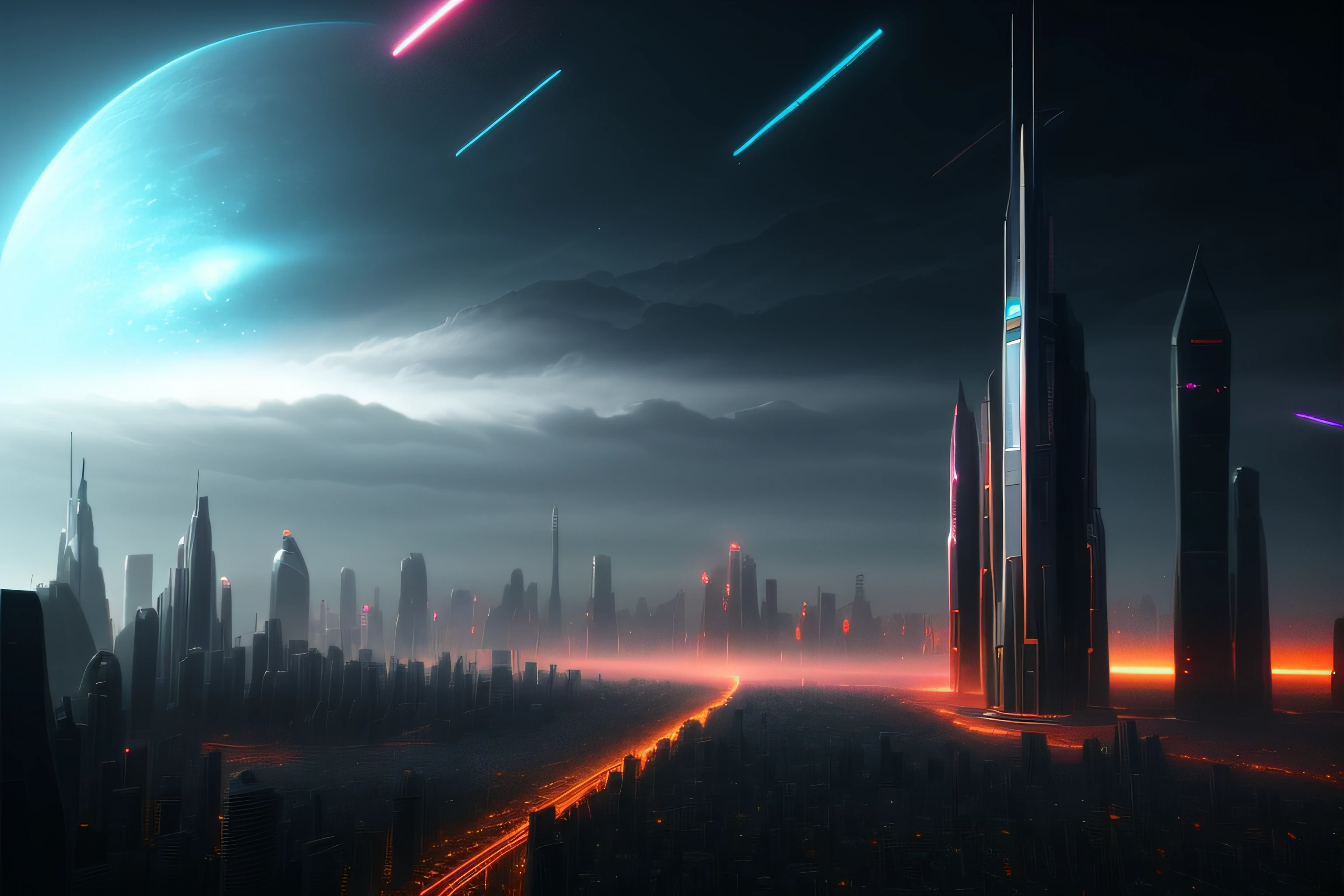 Extraterrestrial surface, sci fi city，Alien skyline building，Giant planets loom in the sky，with dark clouds in the sky，Highest quality，Futuristic city landscape，towering skyscrapers，Neon-lit street，Robert Broomfield，arte 3D，Hyper-detailing，dystopian，ArtStation Trends，cinmatic lighting，Science fiction and fantasy。