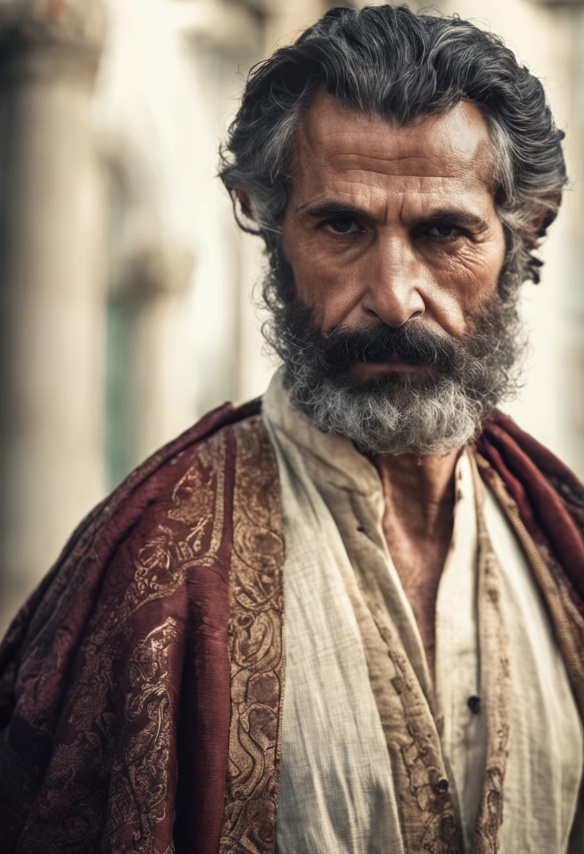 "Portrait of a wise and imposing man, de 40 anos,barbudo e com cabelos grisalhos, with a serious expression and an air of experience. highes definition. Inspiration of ancient Greek man.