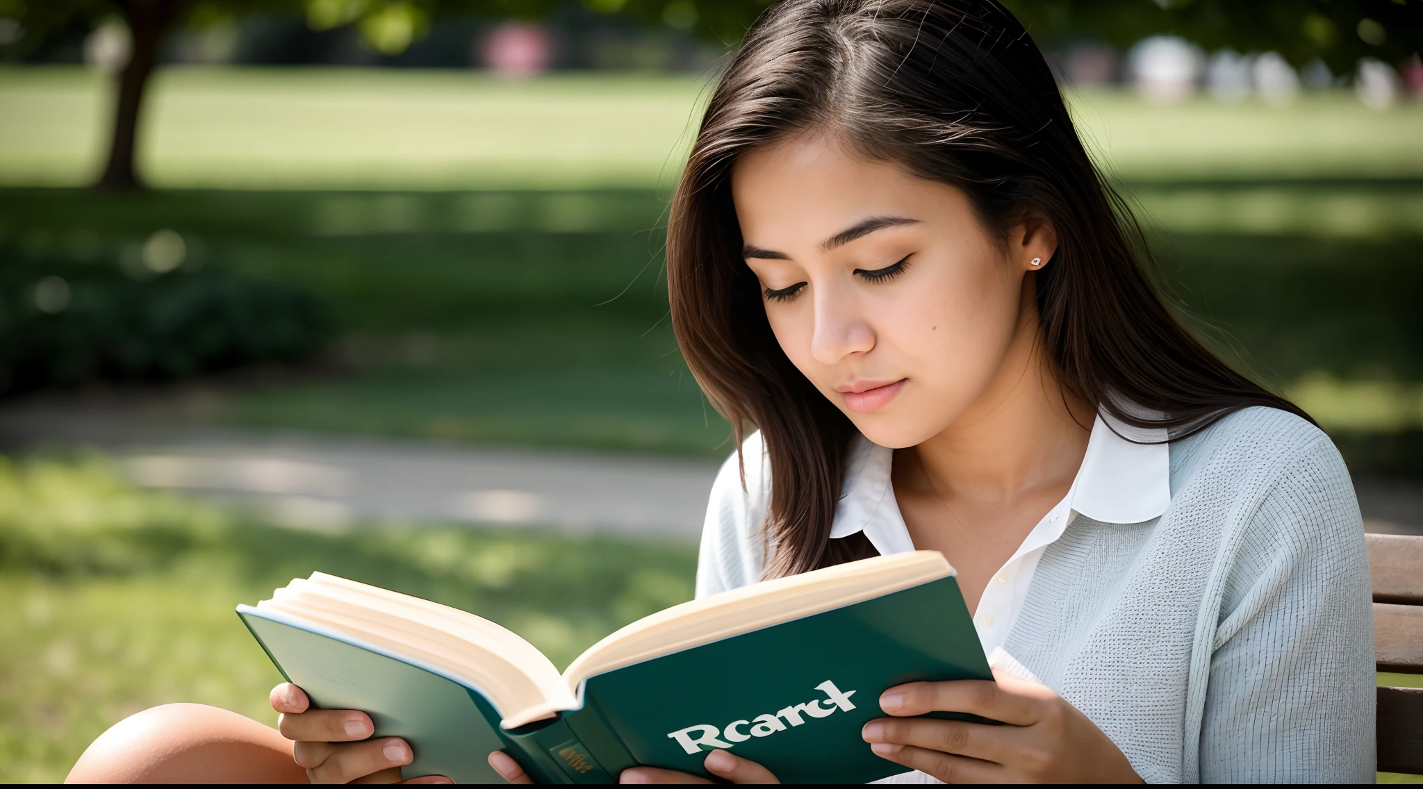 instagram photo, closeup face photo, A candid shot capturing a women engrossed in their reading amidst a serene field, scholarly, focused, Canon EOS 5D Mark IV with 24-70mm f/2.8 lens, natural daylight, documentary photography.