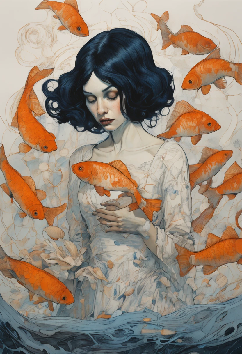 kristen stwart look alike, deep dark blue hair, girl floating, golden fish around she, orange, Doll. white lace dress, In the style of Adrian Ghenie, Esao Andrews, Jenny Saville, Edward Hopper, surrealism, Dark Art par James Jean, Takato Yamamoto, Minimalisme inkpunk. Dans le style Tim Burton. Dans le style Addams Family. Dans le style Corpse Bride.