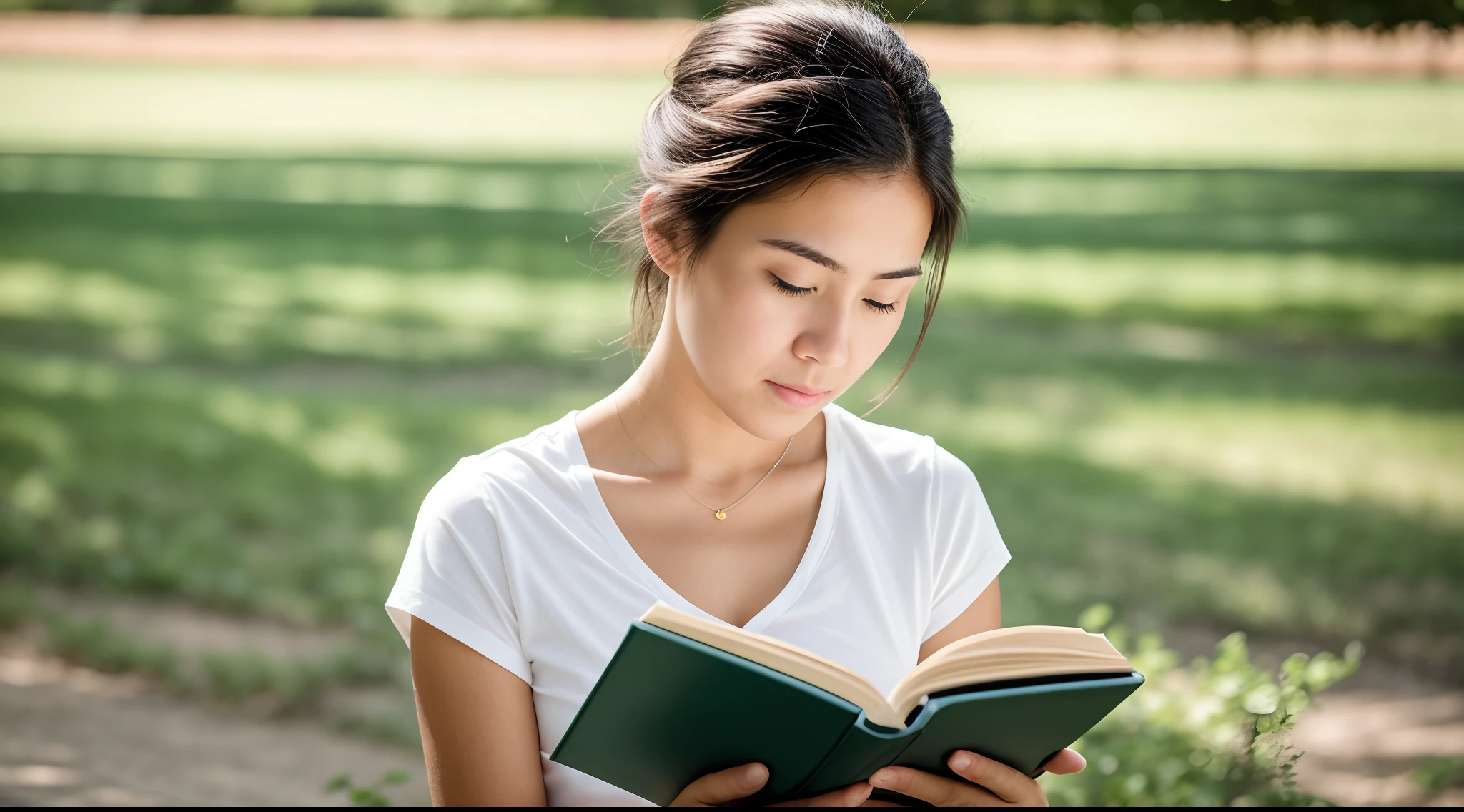 instagram photo, closeup face photo, A candid shot capturing a women engrossed in their reading amidst a serene field, scholarly, focused, Canon EOS 5D Mark IV with 24-70mm f/2.8 lens, natural daylight, documentary photography.