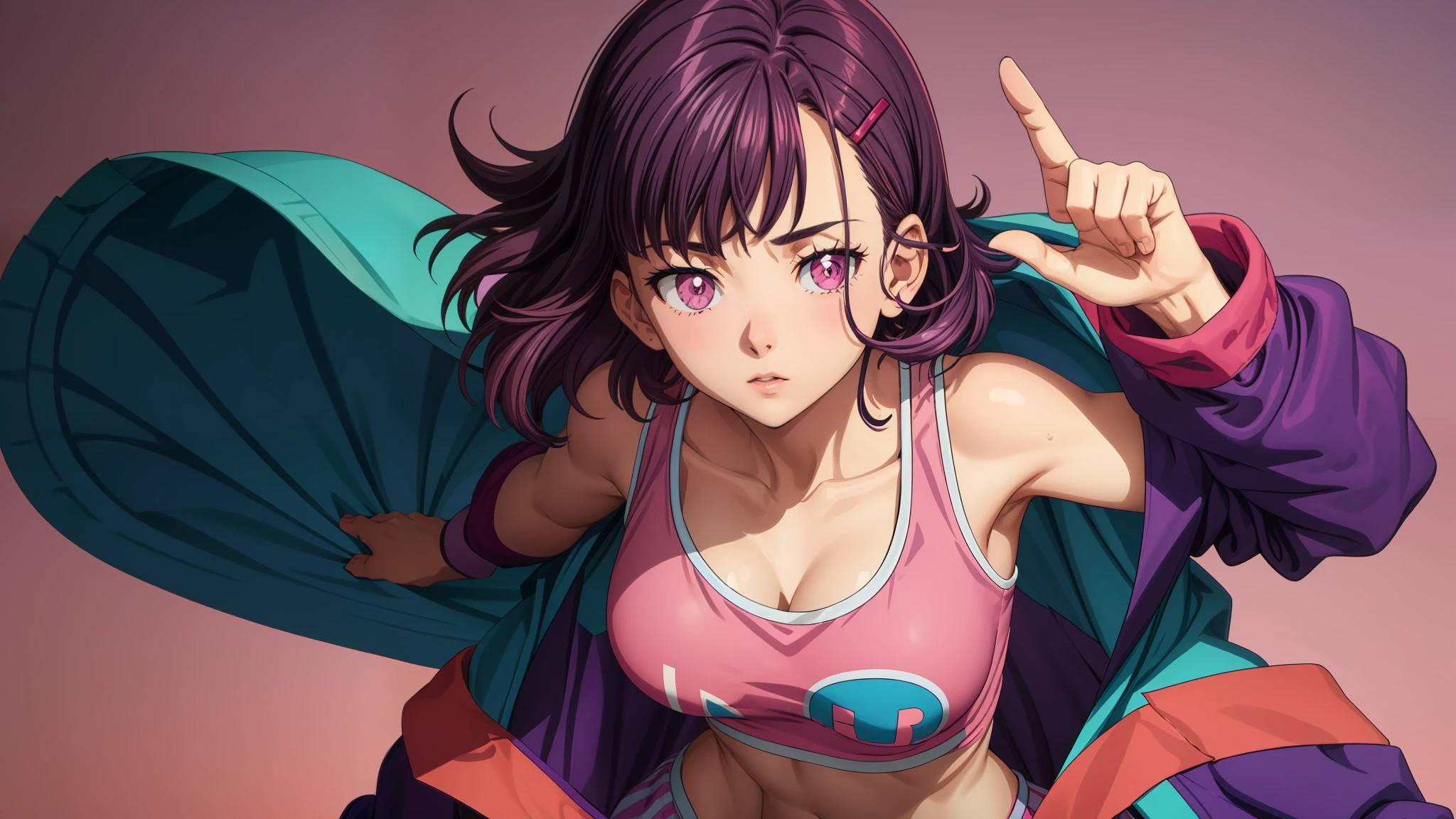 1girl, focused upper body, realistic, (short purple hair and hair clip), purple eyes, standing pose, (pink tanktop and pink skirt, blue jacket), purple background