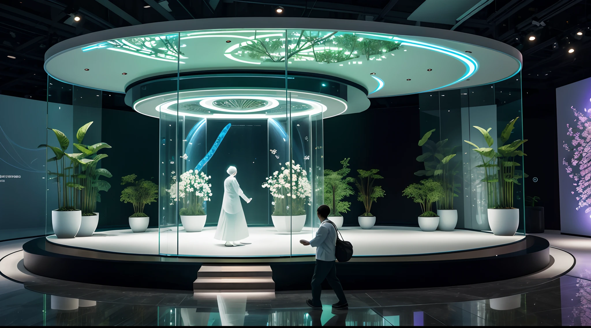Enclosed indoor space, White ground,Lawn and flowers,, High-end pension industry exhibition hall, High-tech exhibition hall of health care industry, Nature meets technology, The indoor forest integrates a variety of high-tech display equipment and interactive platforms, There are many LED displays between green plants and flowers, Holographic devices and digital humans, An old Chinese strolling through it, nature harmony,big breasts beautiful, A harmonious immersive exhibition experience center, There is a transparent cylinder in the middle of the space, Displays a digital holographic transparent robot, and various data and UI interfaces
