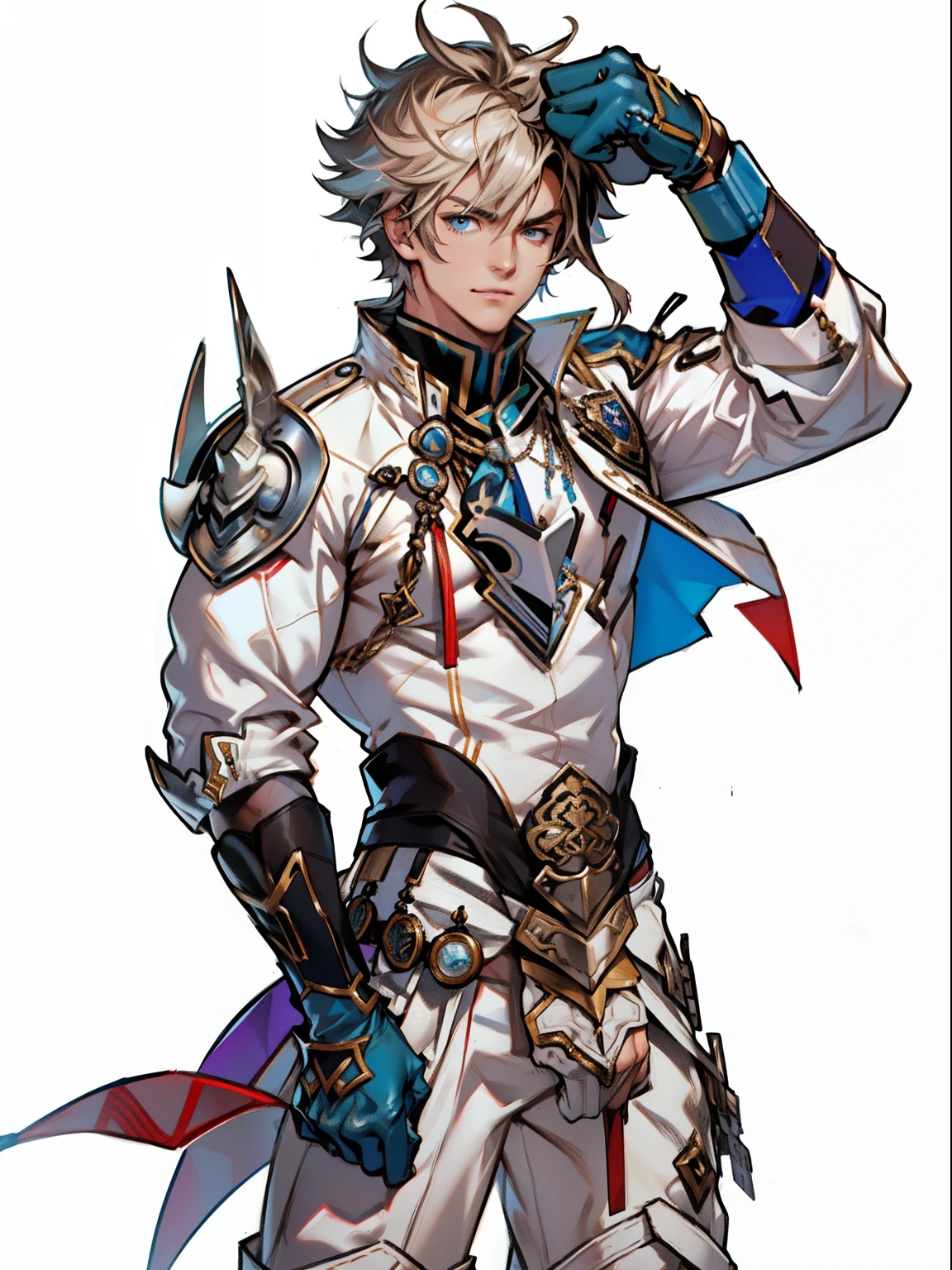 tmasterpiece，Best quality at best，（Genshin Impact），mitts，Bulging muscles，(white business suit，White underwear，tiese）Pectoral muscle bulge，White gloves，Abs，malefocus，1boy，White gloves，独奏，Brown hair，Blue eyes，blue capelet，hair between eye，（（Bulging crotch）），Sexy,(Masterpiece, Best quality),（white business suit），self-assured，having fun，big laughter，white pantie, stand-up collared shirt, tiese, waistcoat, Open thickened glossy white leather jacket, Eight-pack abs, White leather mobile phone gloves, White trousers, Leather belt, spreading long thin legs, The erection,