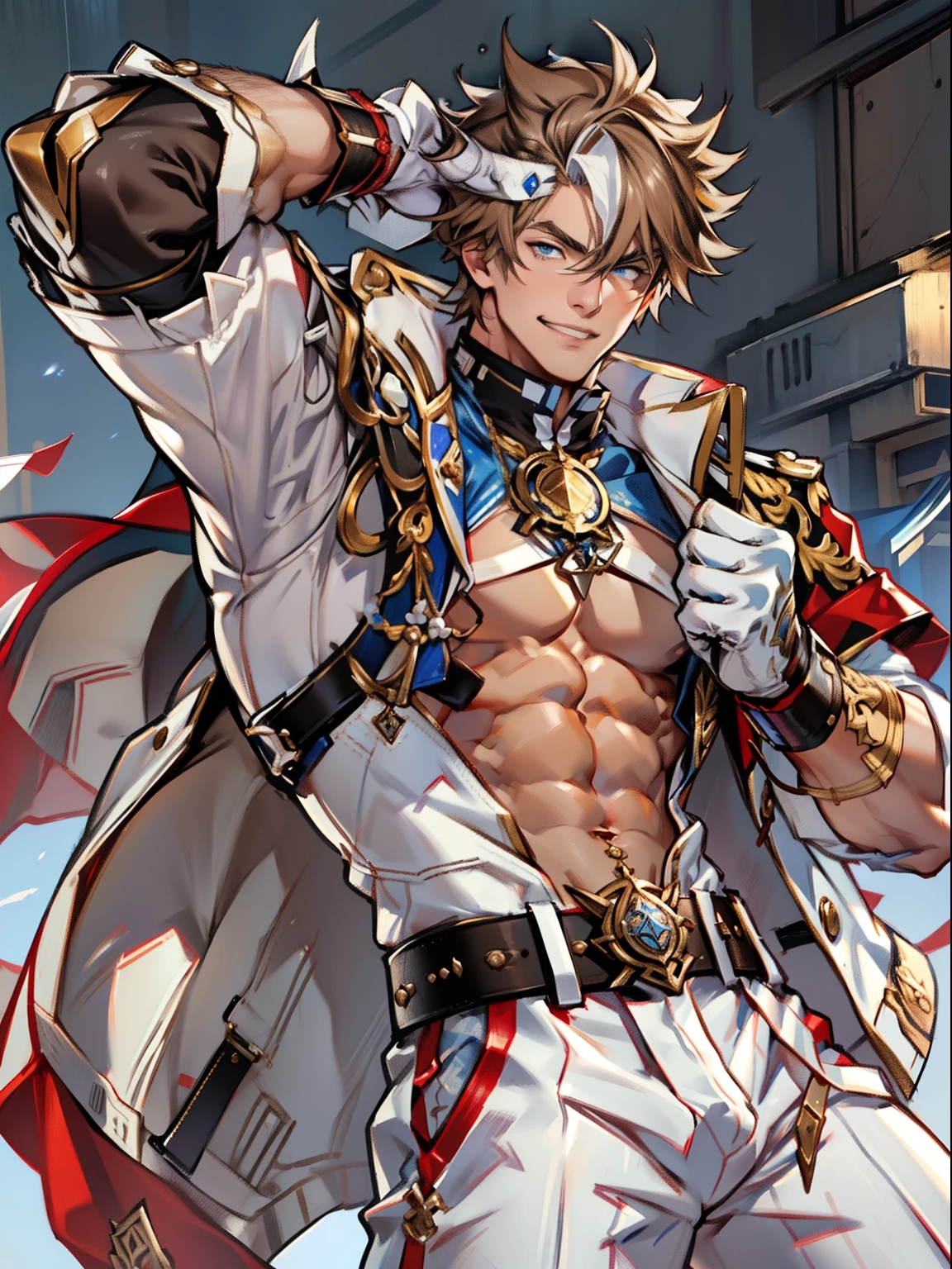 tmasterpiece,Best quality at best,(Genshin Impact),mitts,Bulging muscles,(white business suit,White underwear,tiese)Bulging of the pectoral muscles,White gloves,Abs,malefocus,1boy,White gloves,独奏,Brown hair,Blue eyes,blue capelet,hair between eye,((Bulging crotch)),Sexy,(Masterpiece, Best quality),(white business suit),self-assured,having fun,big laughter,white pantie, stand-up collared shirt, tiese, waistcoat, Open thickened glossy white leather jacket, Eight-pack abs, White leather mobile phone gloves, White trousers, Leather belt, spreading long thin legs, The erection,