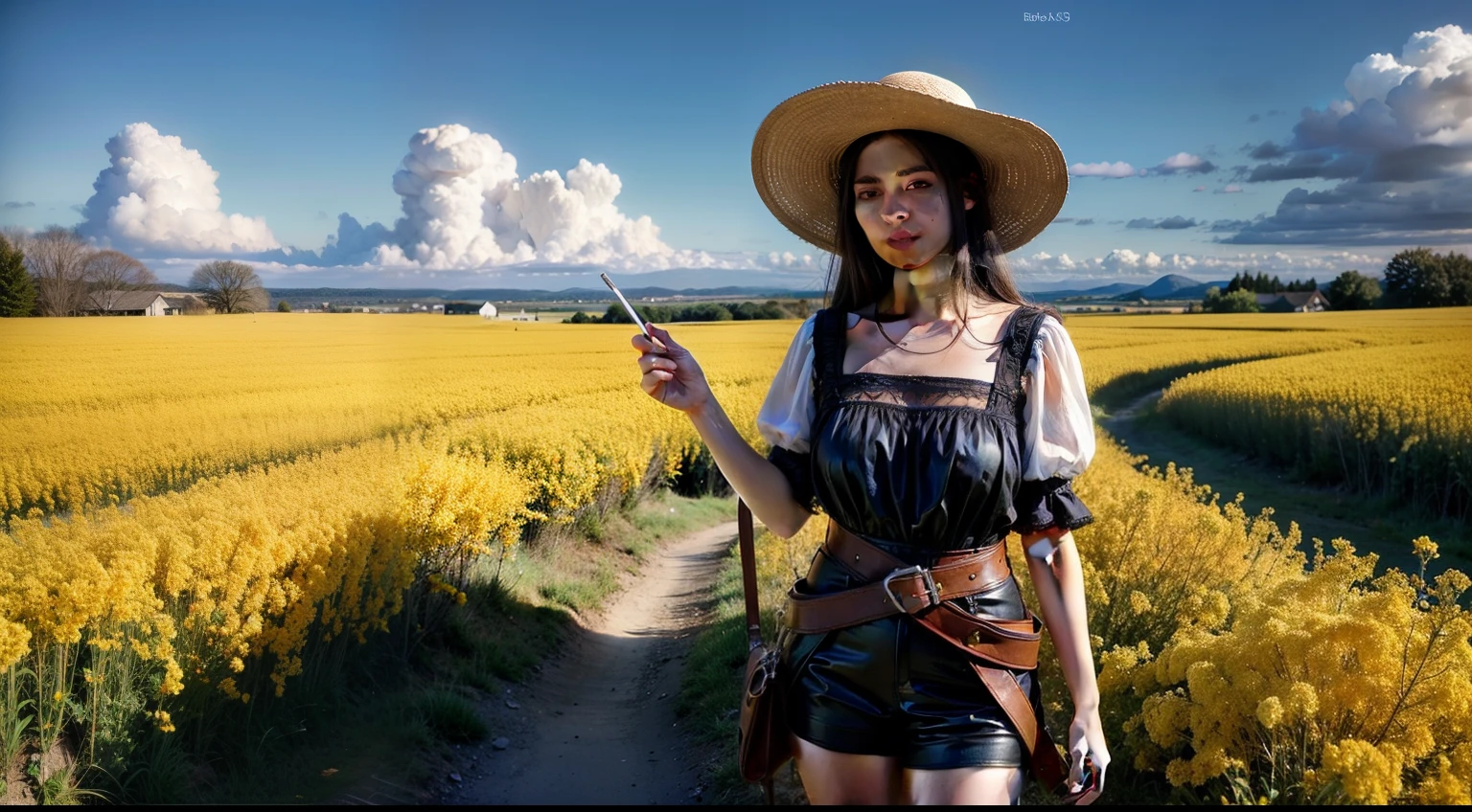 (Realistic:1.3), finely detailed, quality, Rembrandt lighting, (Detailed skin:1.3), (Intricate details), Dramatic, 1girll, Researchers, Black hair, 25 years old, (louka, Sun, Clouds, rapeseed blossoms, Field, beautiful straw hat, Boots, country style, notebooks, lavoura, Starlight, hiking trails), (Photorealistic:1.2), Ray tracing, (Masterpiece:1.2), (Best quality), UHD, retina, masterpiece, ccurate, anatomically correct, textured skin, super detail, high details, high quality, award winning, best quality, highres