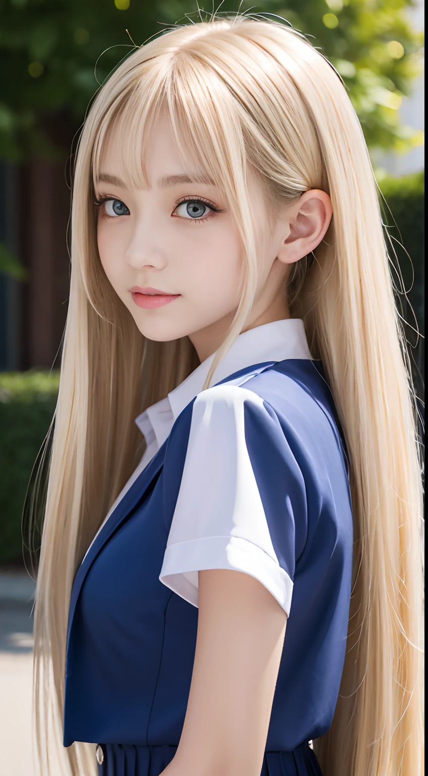 porate、School uniforms、bright expression、poneyTail、young and shiny white shiny skin、Best Looks、The most beautiful and gorgeous blonde in the world、Shiny light hair、Super long silky straight hair、Hair between the eyes、Beautiful long bangs sparkle、Sparkling crystal clear and bright big light blue eyes、Very nice and lovely 15 year old girl、Large full breasts