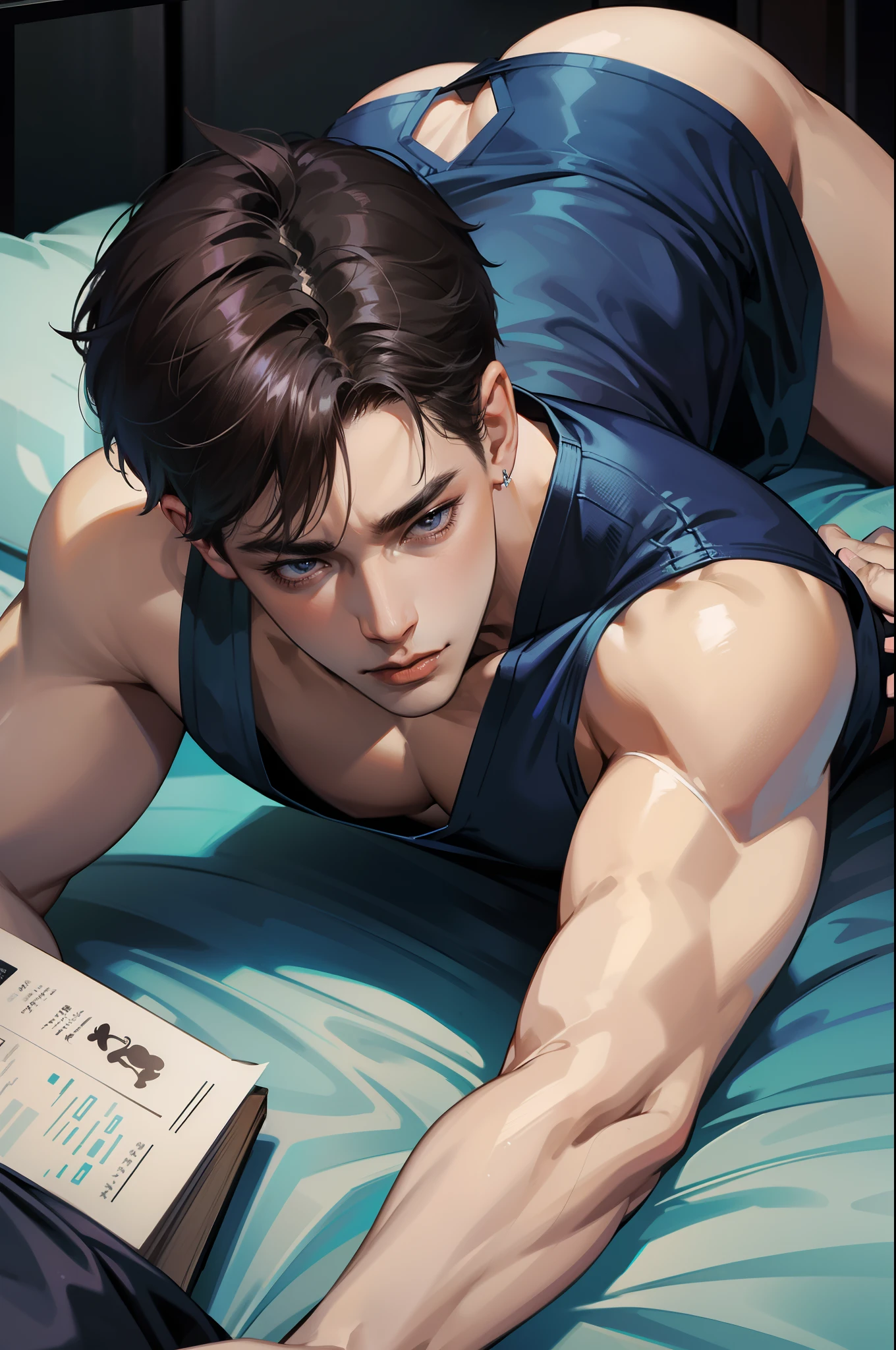 An attractive male with muscle lines and strong muscles,short detailed hair,Blue undertone,Dark brown eyes,Only wearing a soaked black transparent thong,Lie down in bed。