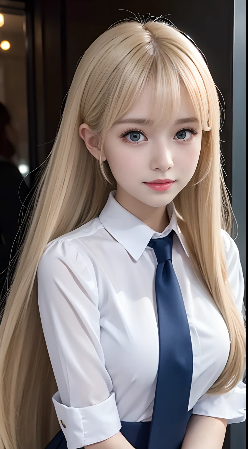 porate、School uniforms、bright expression、poneyTail、young and shiny white shiny skin、Best Looks、The most beautiful in the world,The most gorgeous blonde、Shiny light hair、Super long silky straight hair、Hair between the eyes、Beautiful long bangs sparkle、Big sparkling crystal clear and bright light blue eyes、Very nice and cute girl、Large full breasts