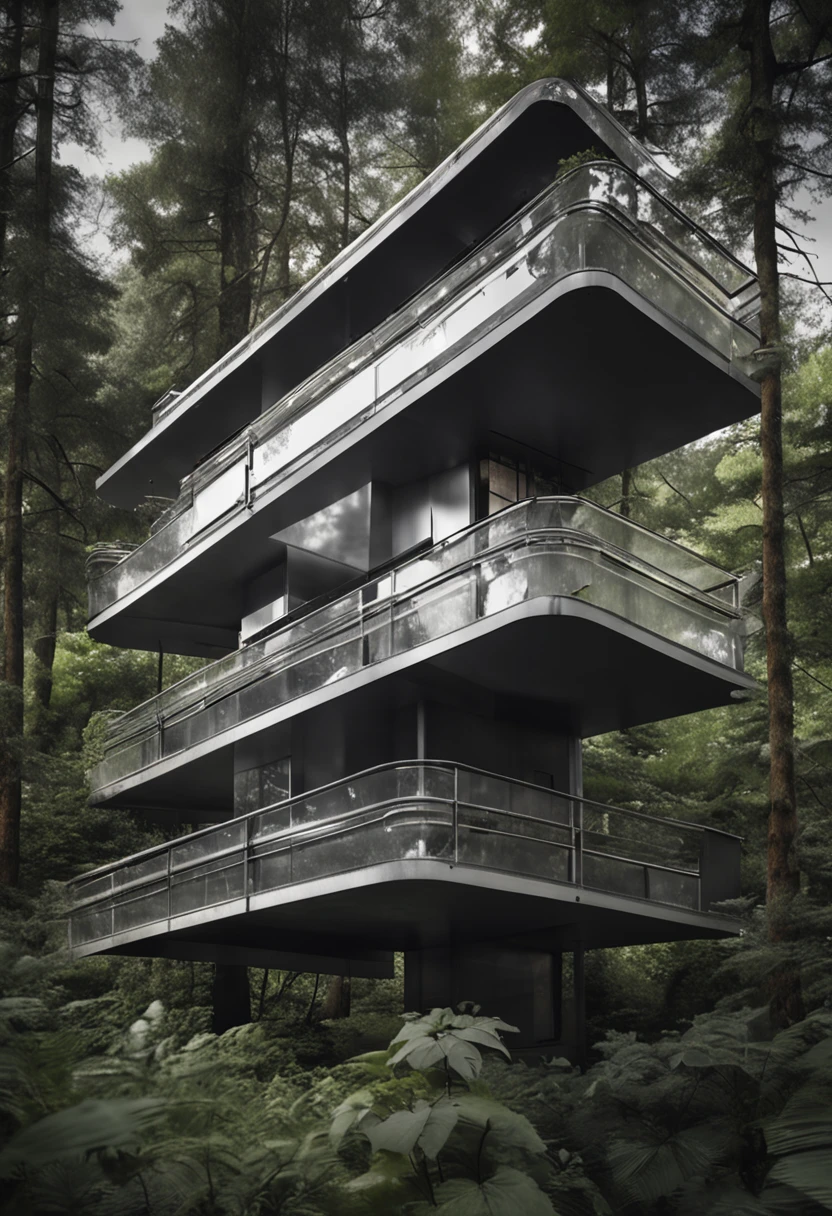 black andwhite, Cube architecture in the Swiss forest, 60s style, Metal spiral staircase, Top-level view, Surrounded by lush vegetation, Cloudy illuminated