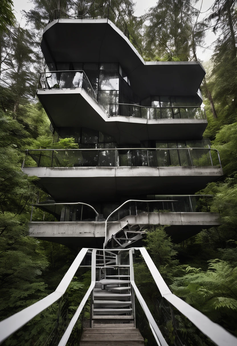 black andwhite, Cube architecture in the Swiss forest, 60s style, Metal spiral staircase, Top-level view, Surrounded by lush vegetation, Cloudy illuminated